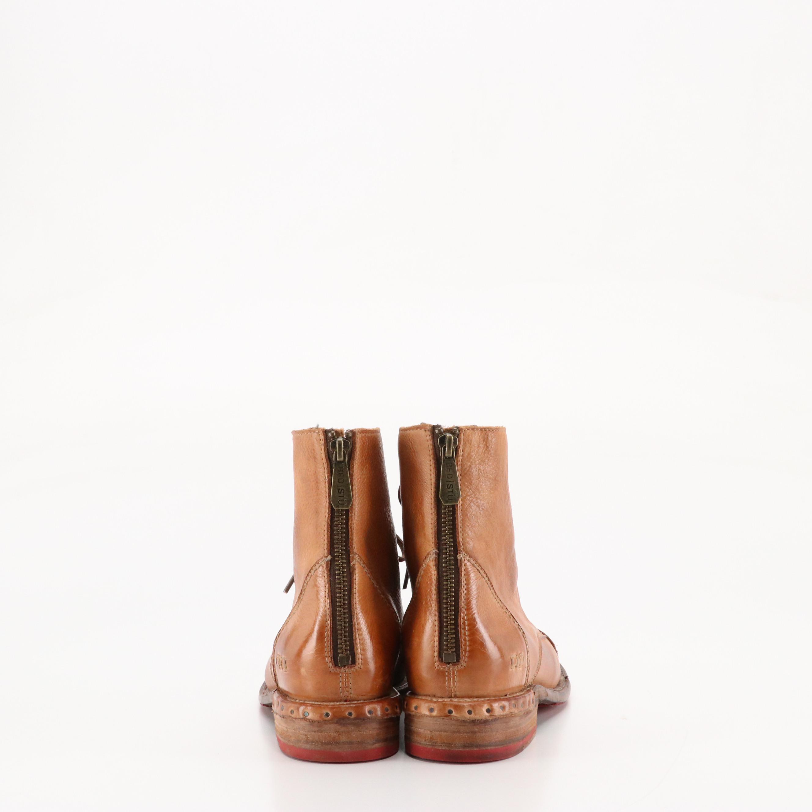 Bed|Stu "Laurel" Combat Boots in Caramel Brown Distressed Leather
