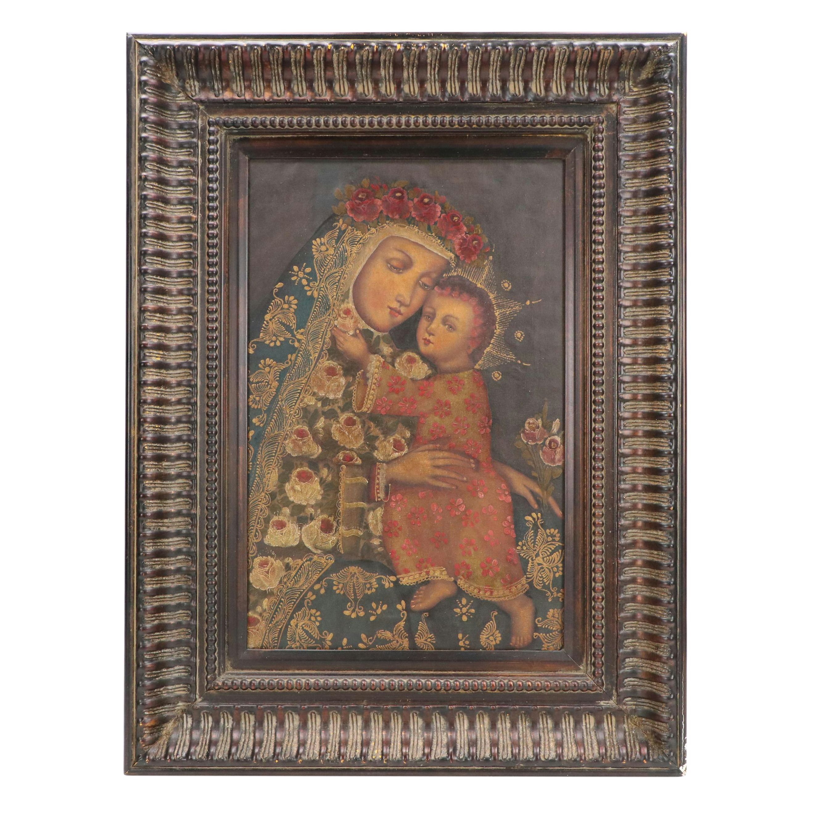 Peruvian Oil Painting of the Madonna and Child, 20th Century