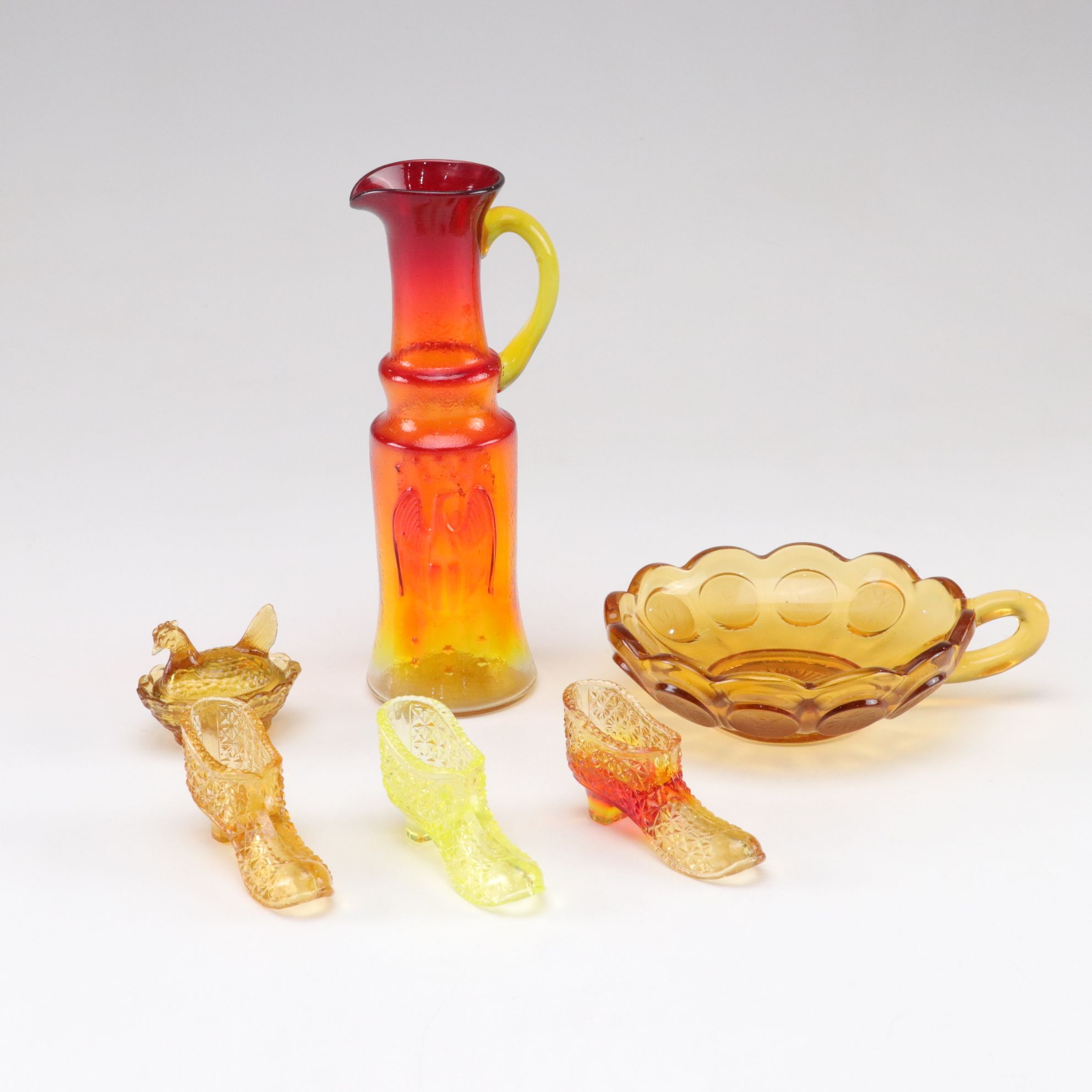 Degenthart Amber & Uranium Glass Slipper, Chicken Dish & More