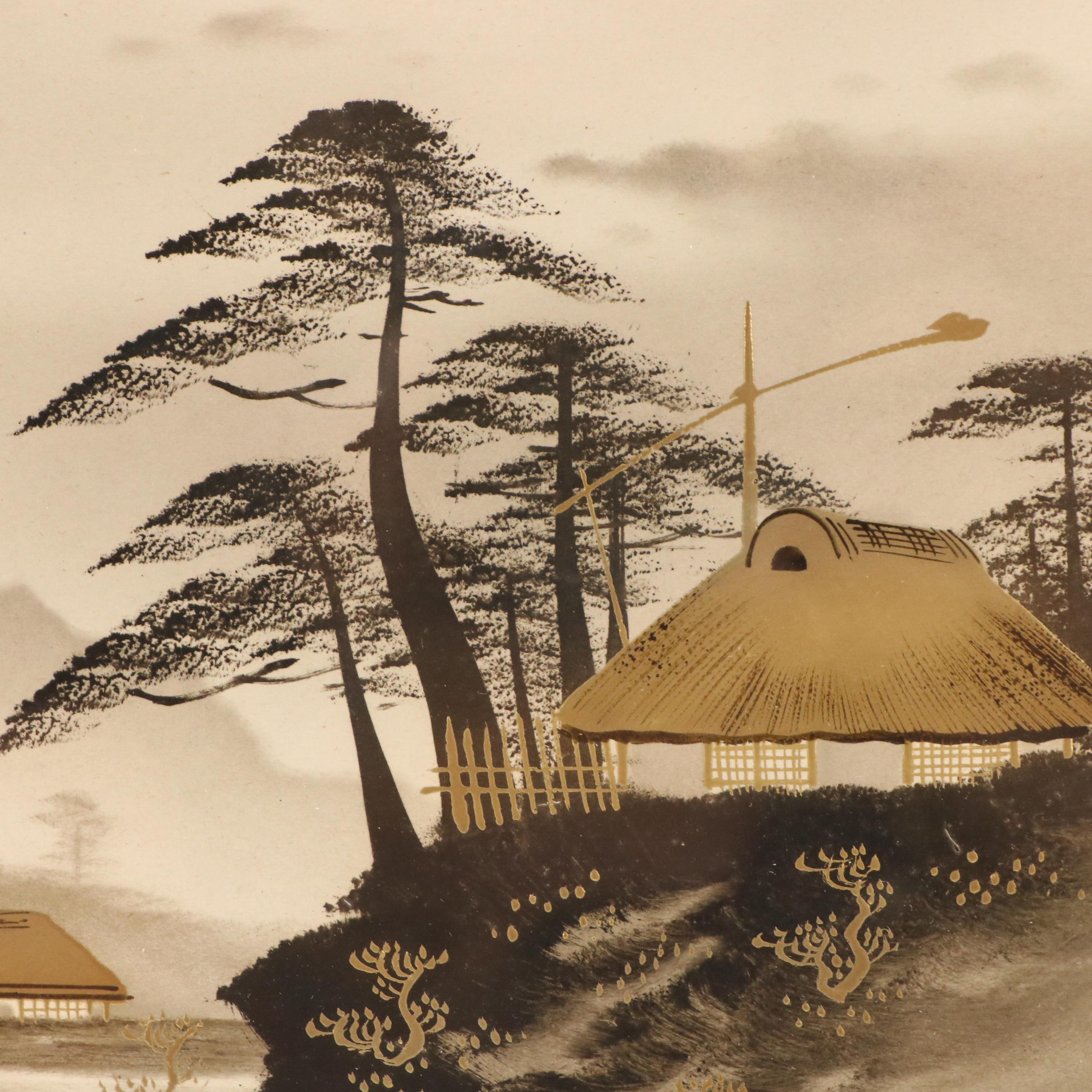 Japanese Coastal Landscape Embellished Ink Wash Painting, Mid-20th Century