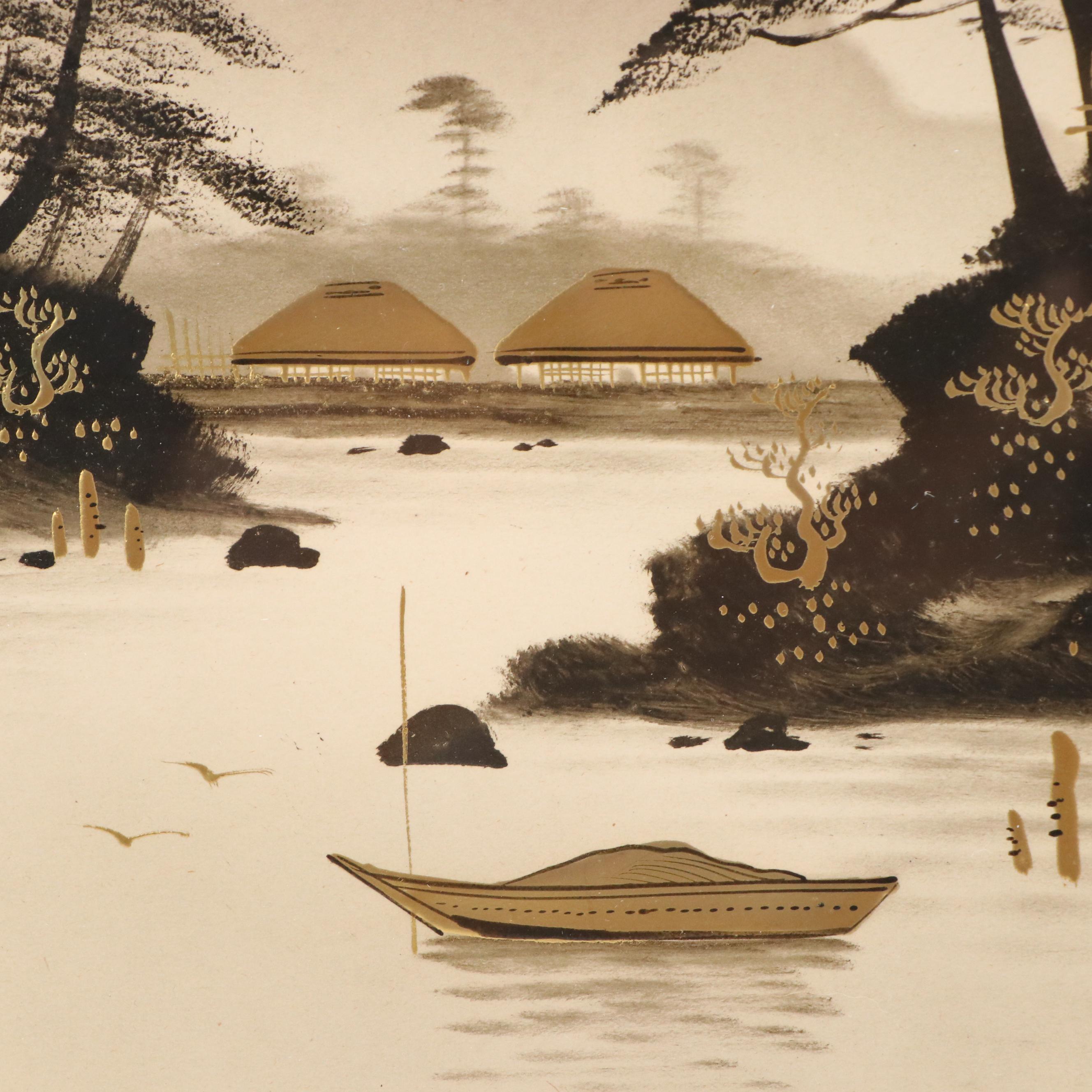Japanese Coastal Landscape Embellished Ink Wash Painting, Mid-20th Century