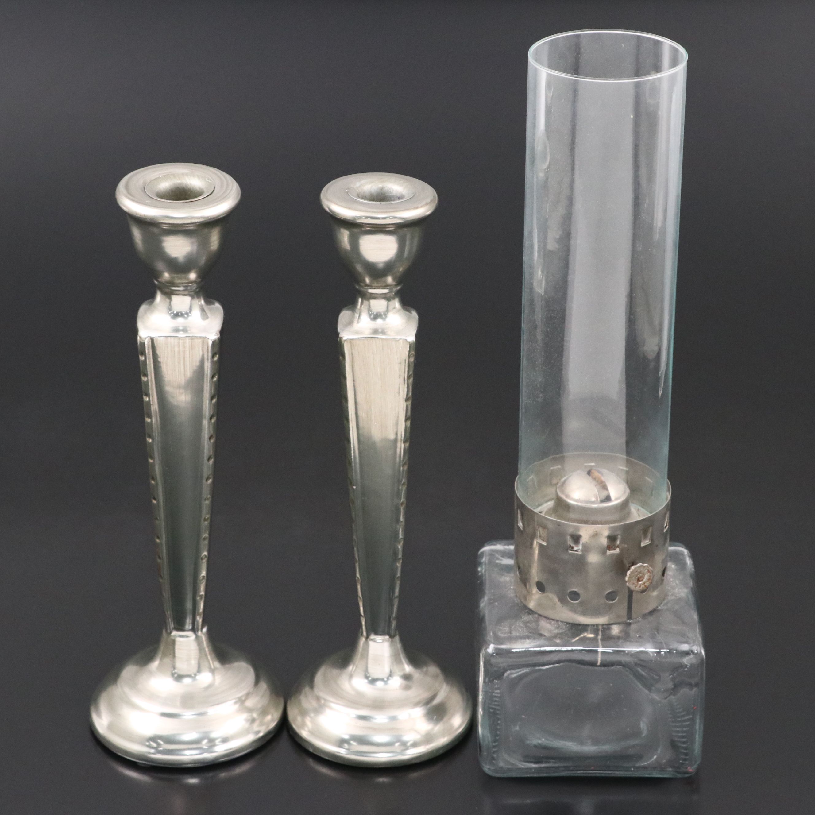 Pair of Metal Candlesticks with Glass Oil Lamp