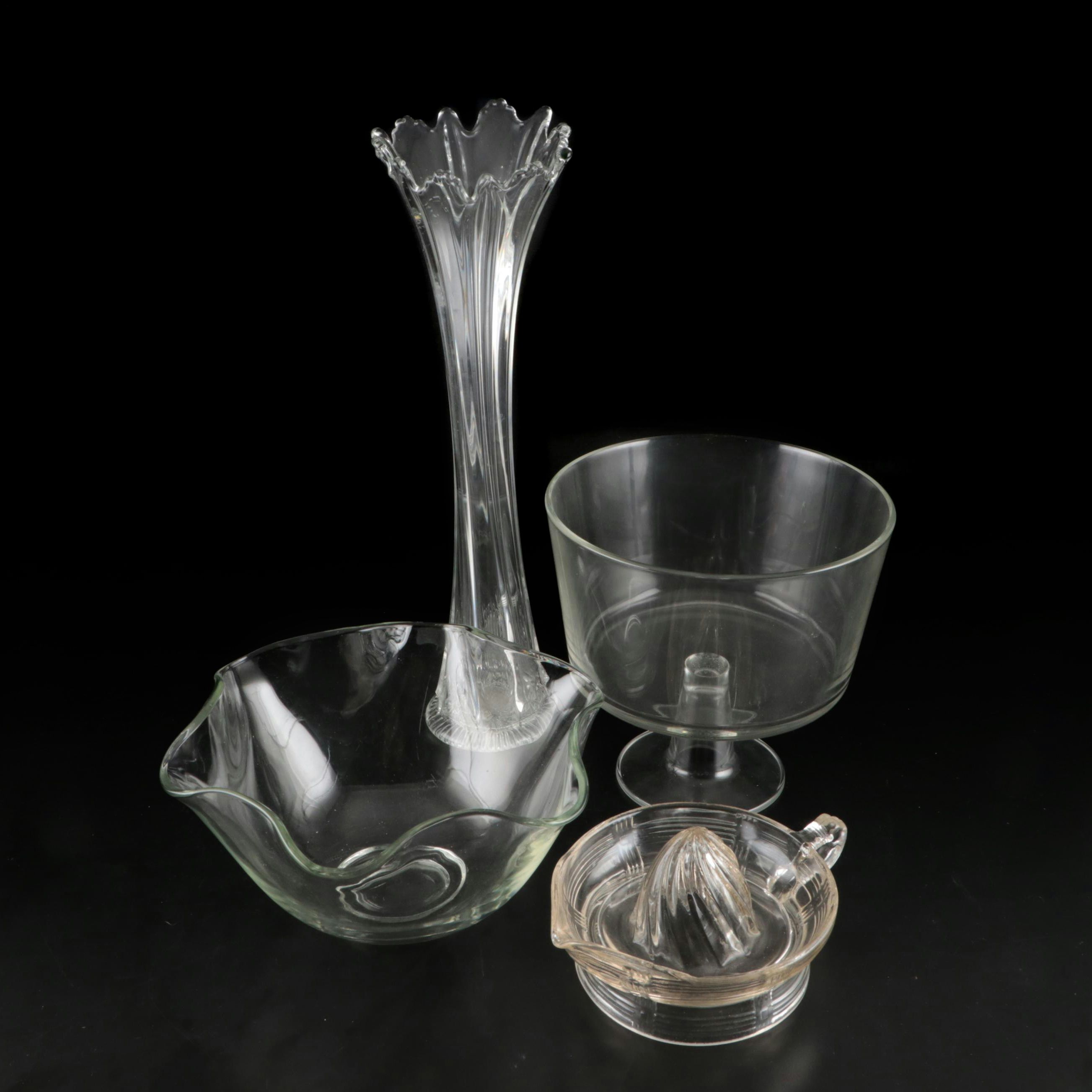 Fluted Glass Vase, Glass Citrus Juicer, Glass Trifle Bowl, and Handkerchief Bowl