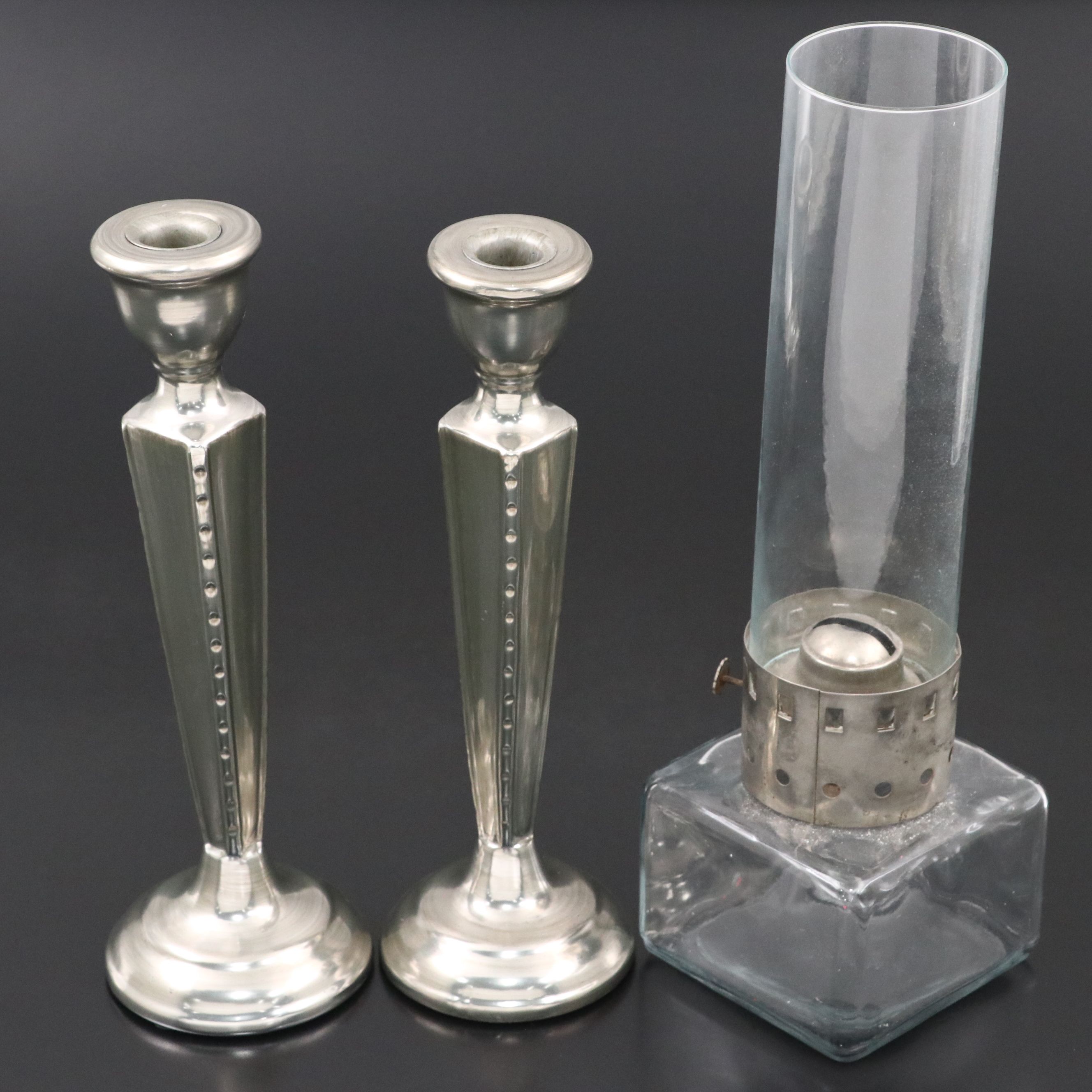 Pair of Metal Candlesticks with Glass Oil Lamp