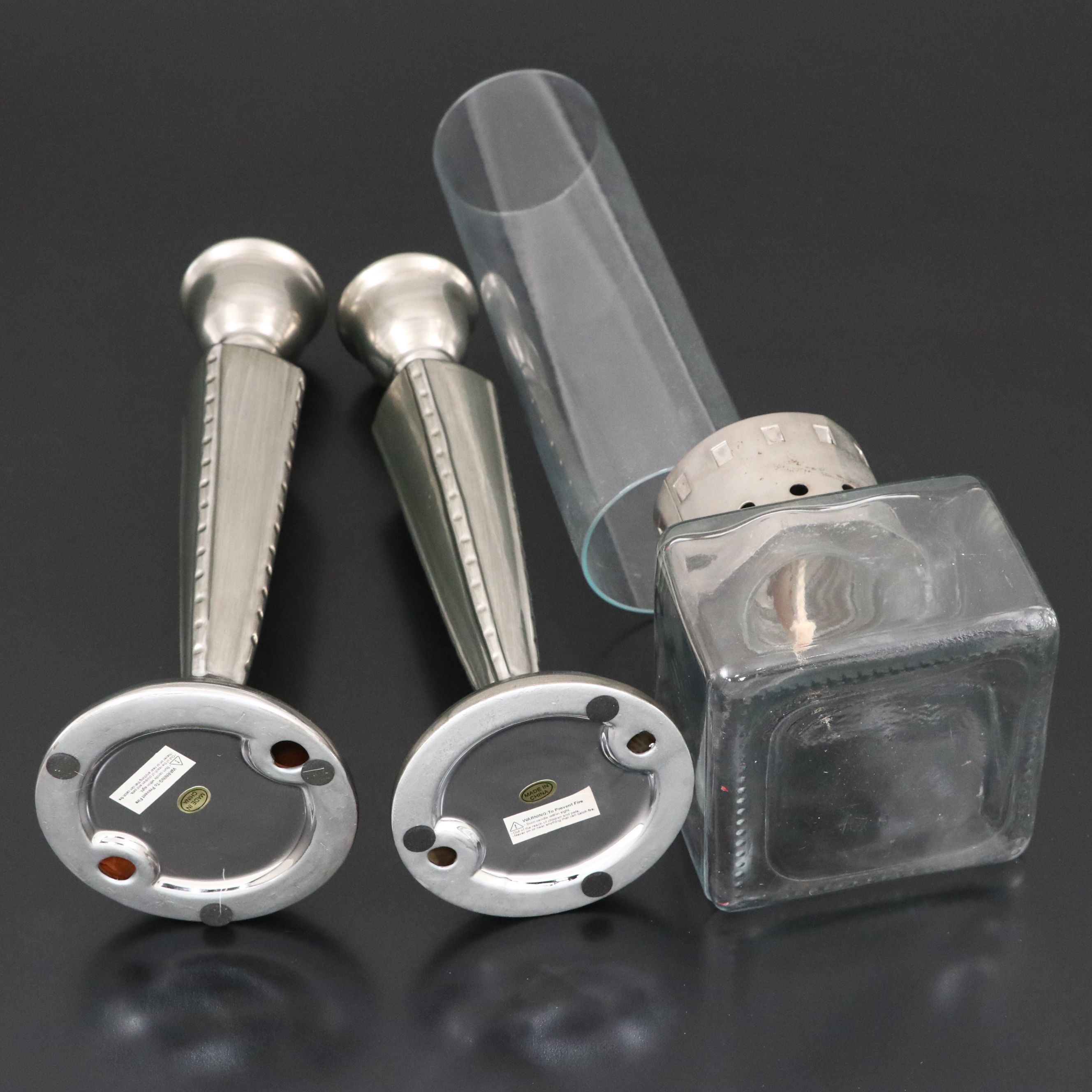 Pair of Metal Candlesticks with Glass Oil Lamp