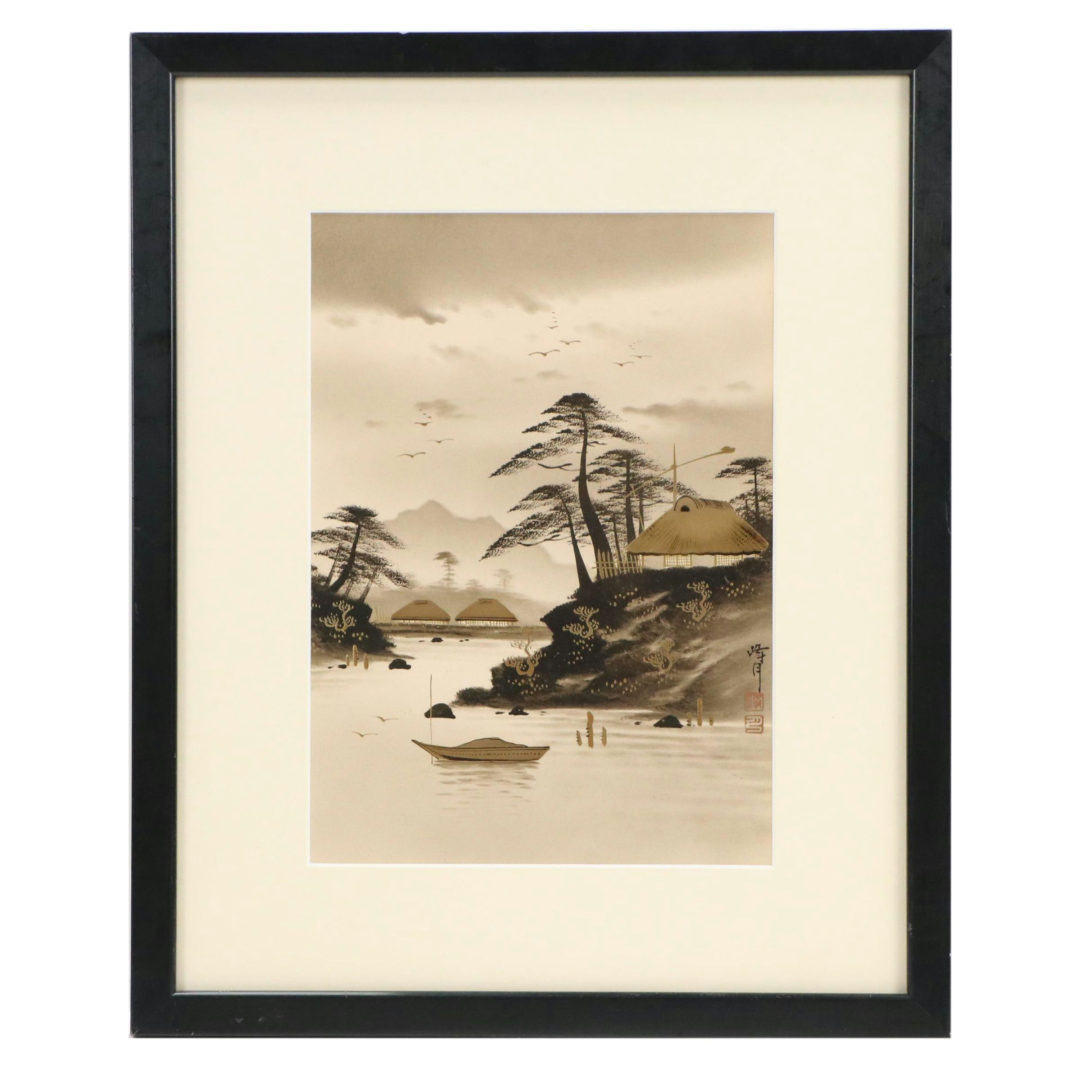 Japanese Coastal Landscape Embellished Ink Wash Painting, Mid-20th Century