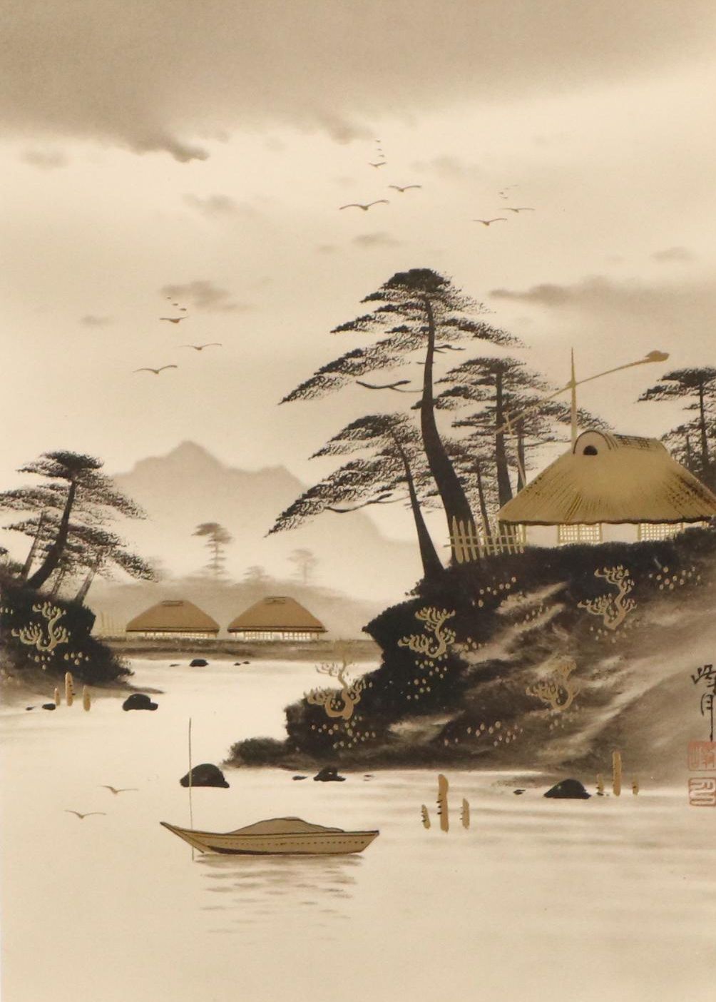 Japanese Coastal Landscape Embellished Ink Wash Painting, Mid-20th Century