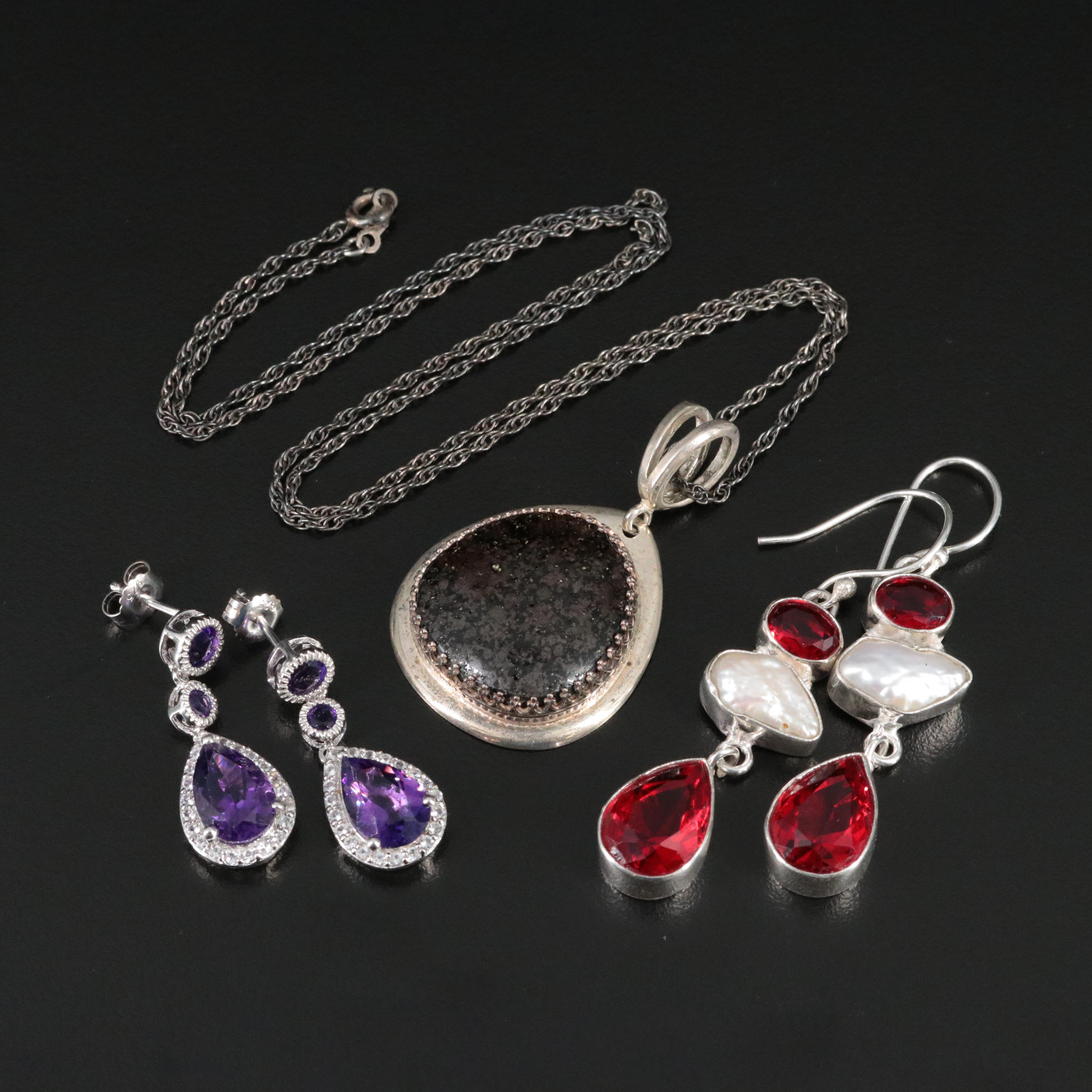 Sterling Pearl, Glass and Amethyst Earrings and Necklace