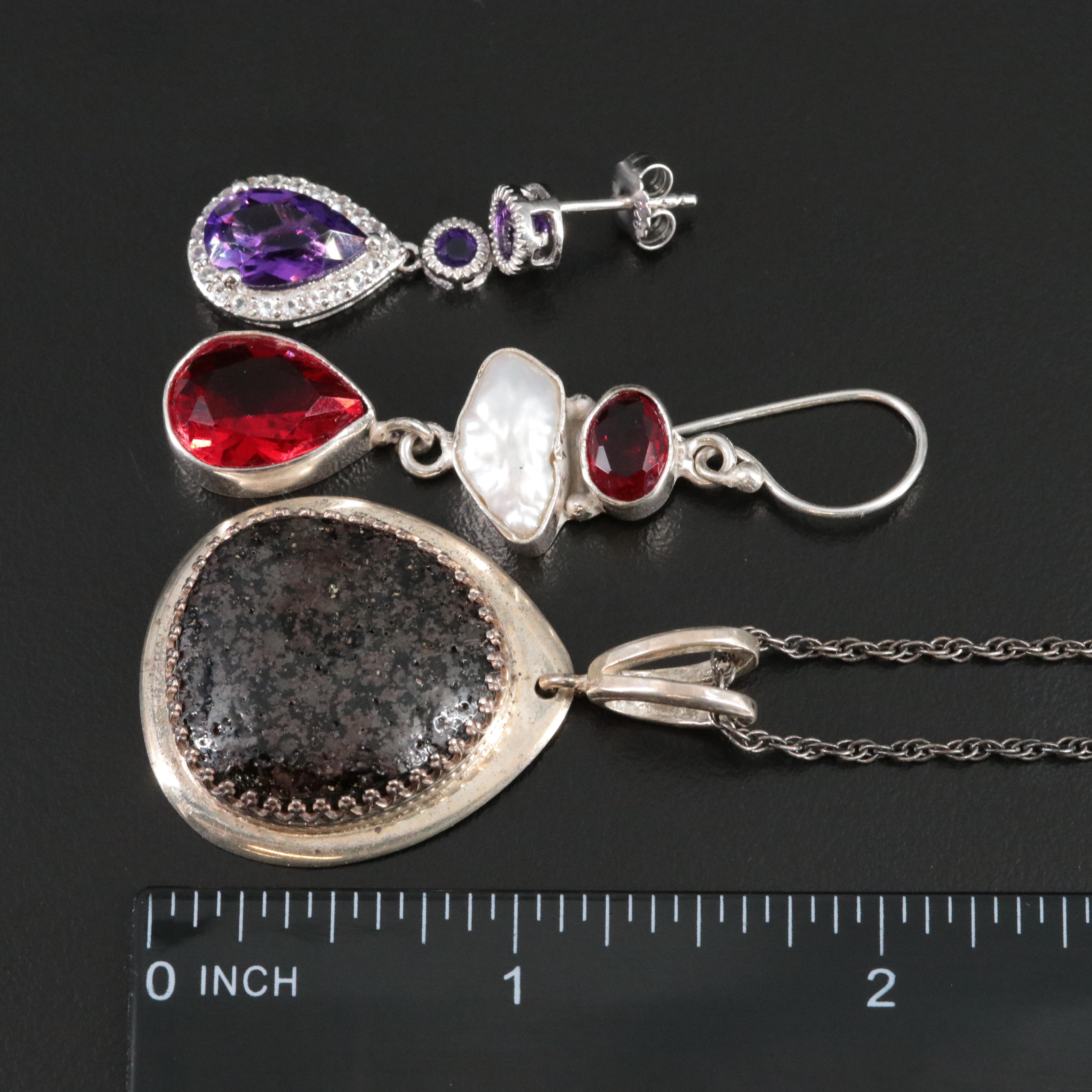 Sterling Pearl, Glass and Amethyst Earrings and Necklace