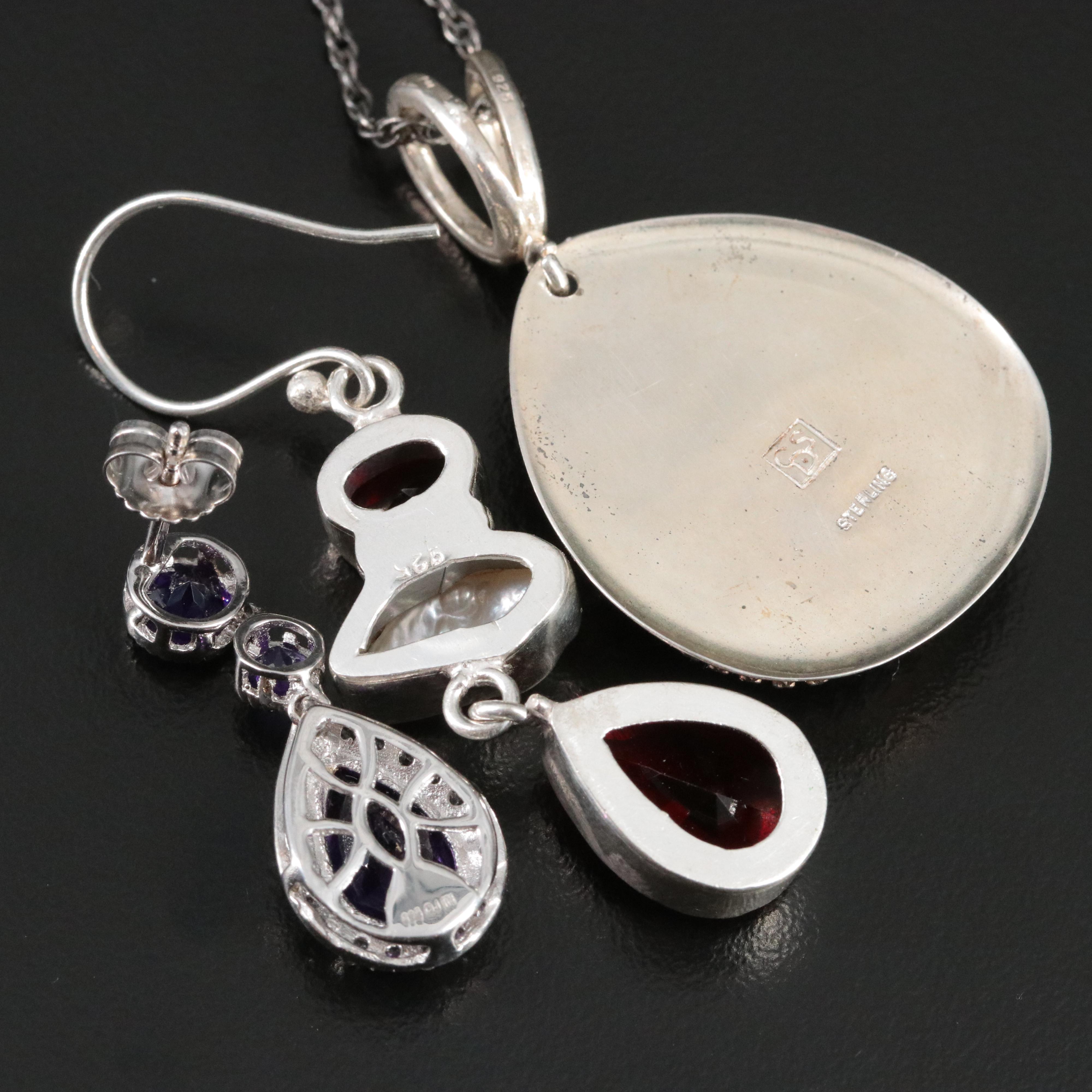 Sterling Pearl, Glass and Amethyst Earrings and Necklace