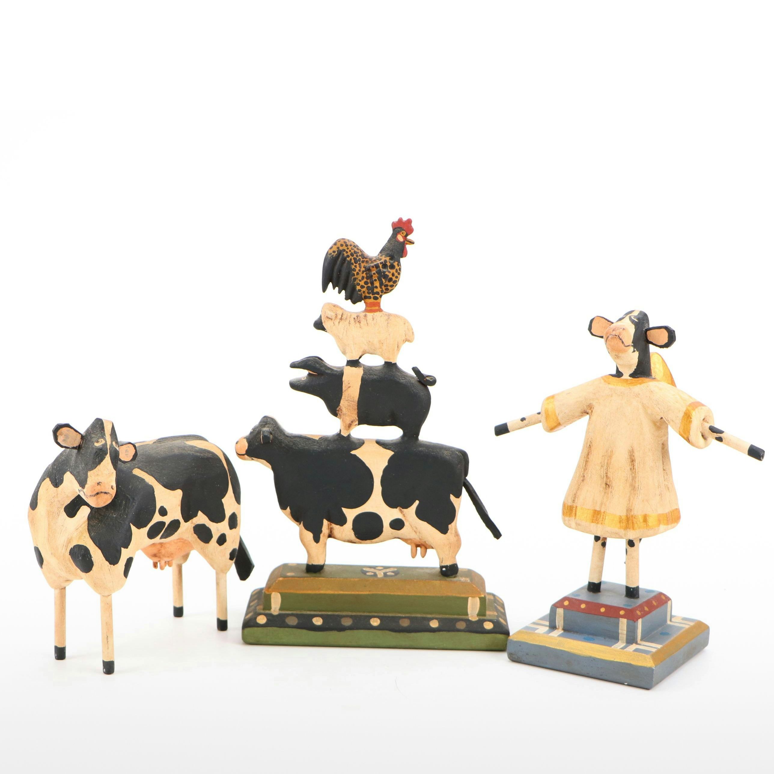 G. Voyzey Hand-Carved Folk Art Style Wooden Cow Figures