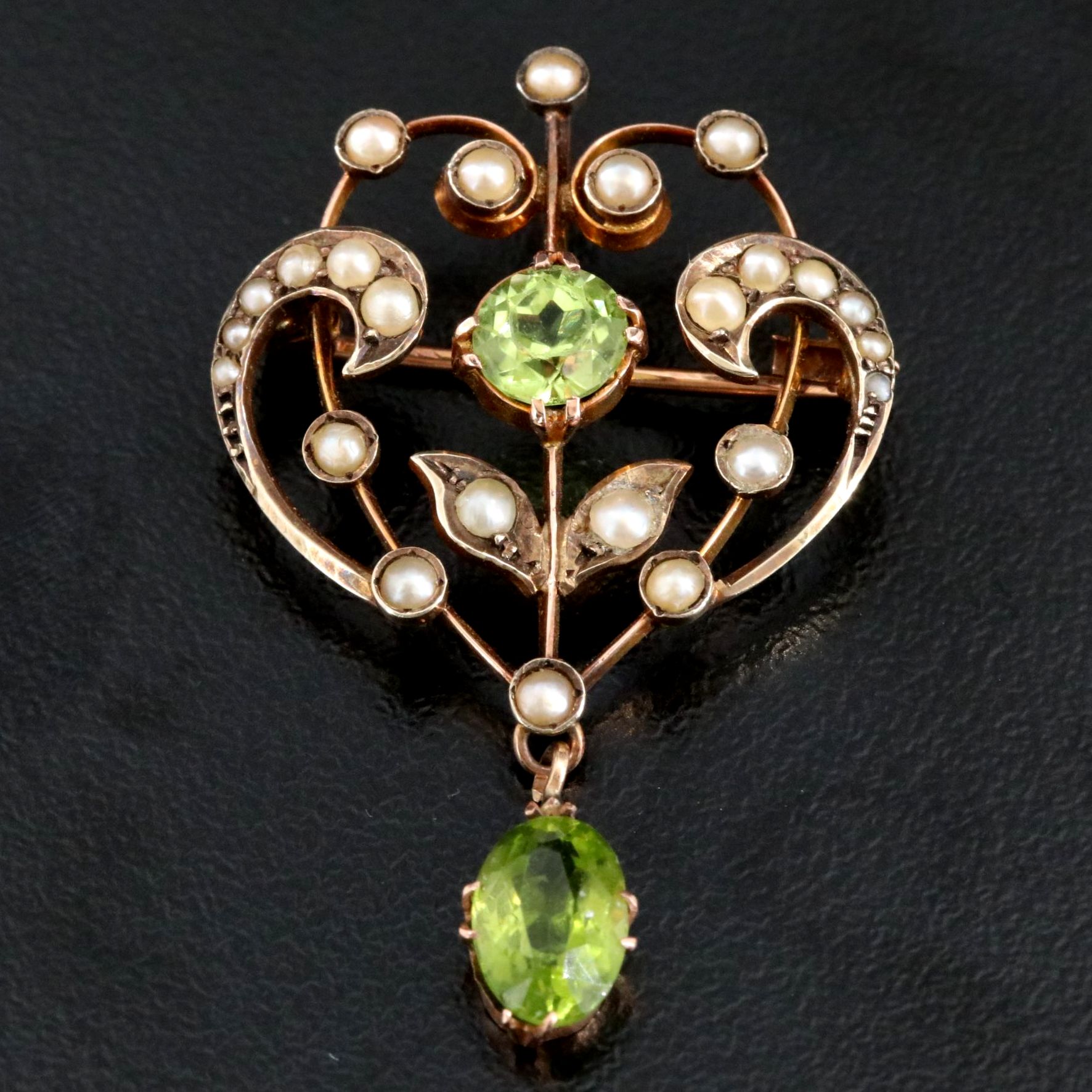 Art Nouveau 9K Peridot and Seed Pearl Brooch