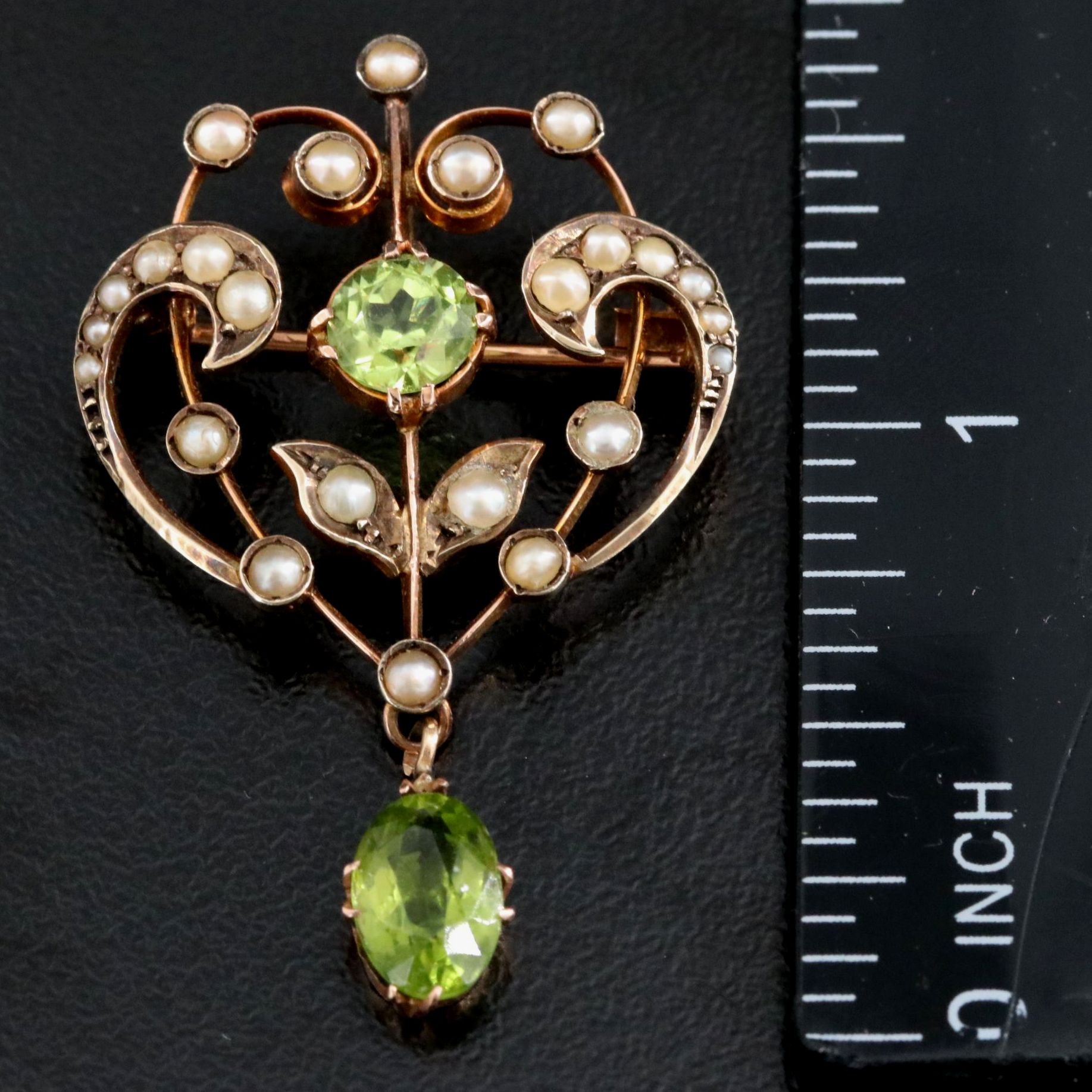 Art Nouveau 9K Peridot and Seed Pearl Brooch