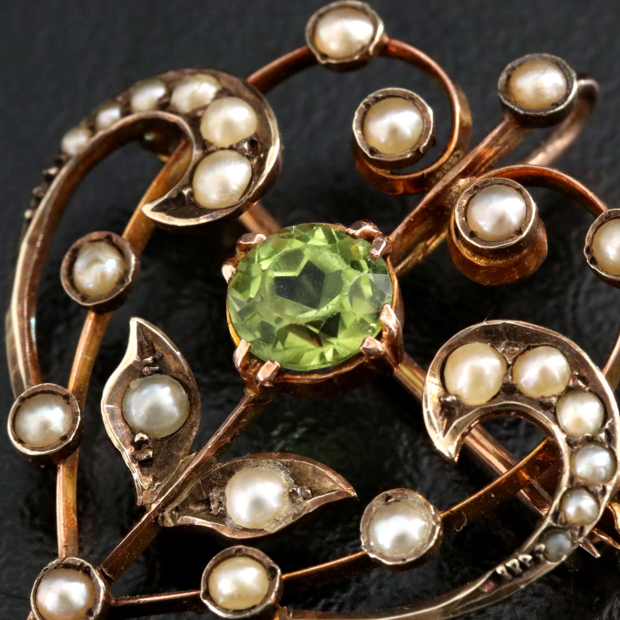 Art Nouveau 9K Peridot and Seed Pearl Brooch