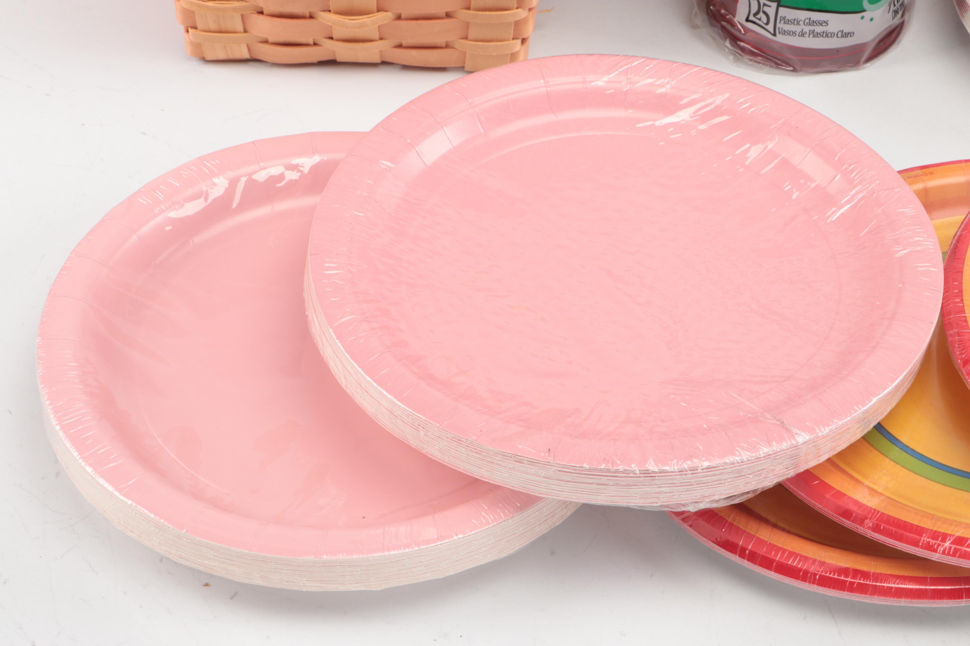 Red Plastic Tumblers with Paper Plates and Other Party Supplies