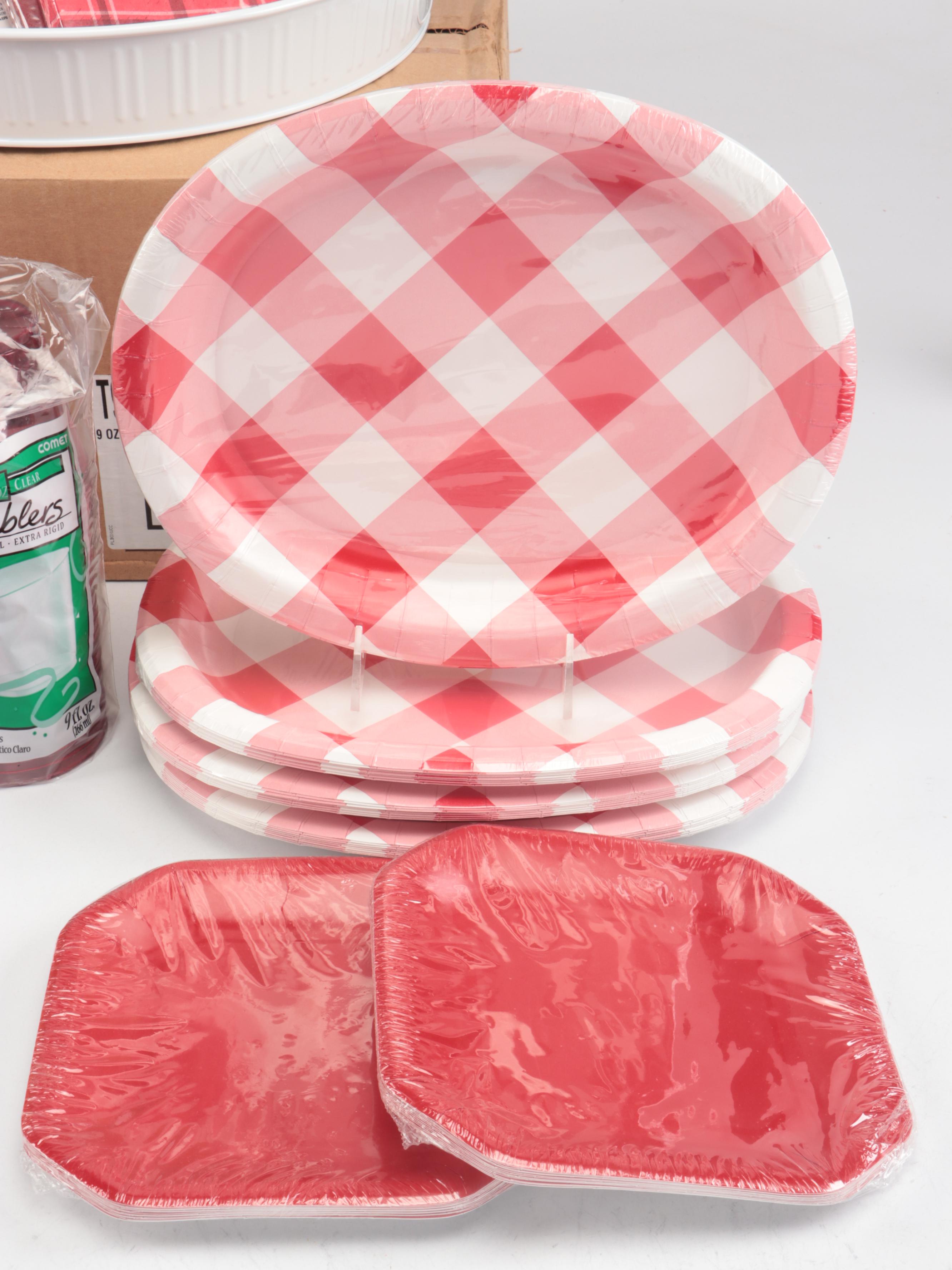 Red Plastic Tumblers with Paper Plates and Other Party Supplies
