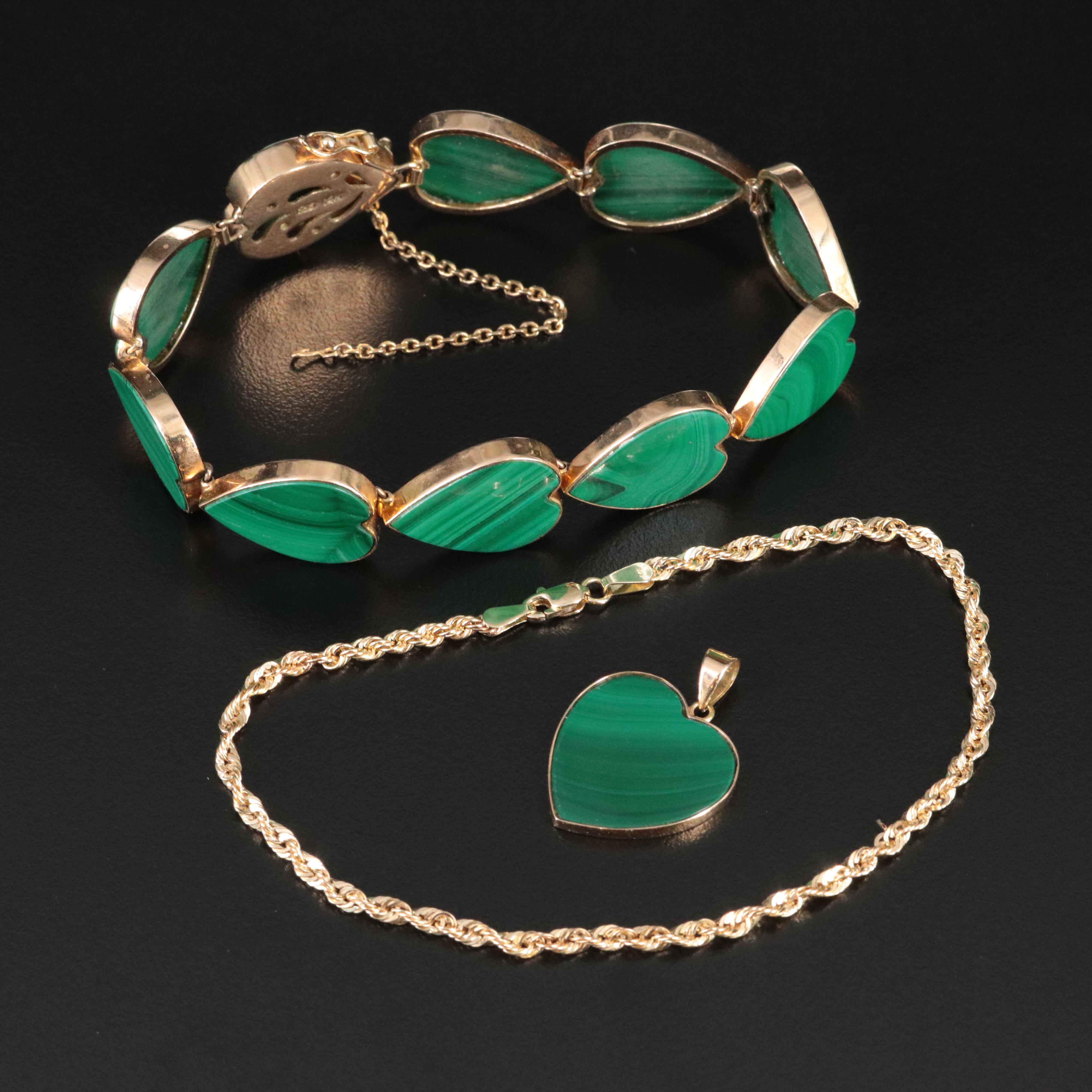 14K Malachite Heart Pendant and Charm Bracelet