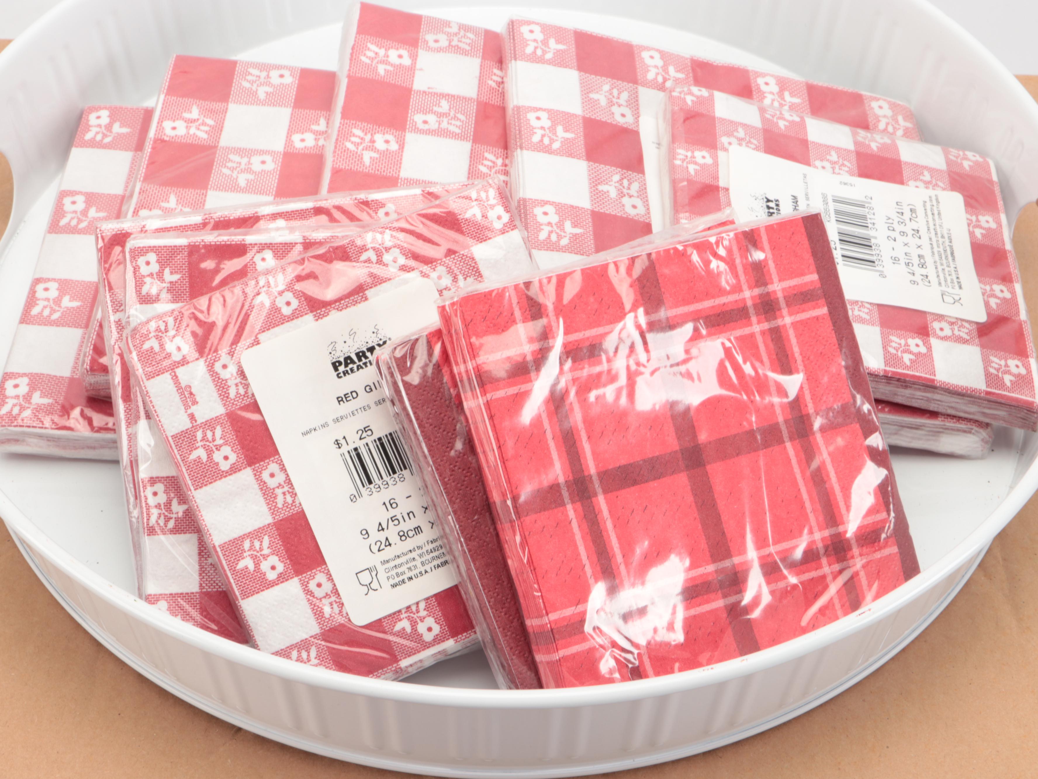 Red Plastic Tumblers with Paper Plates and Other Party Supplies