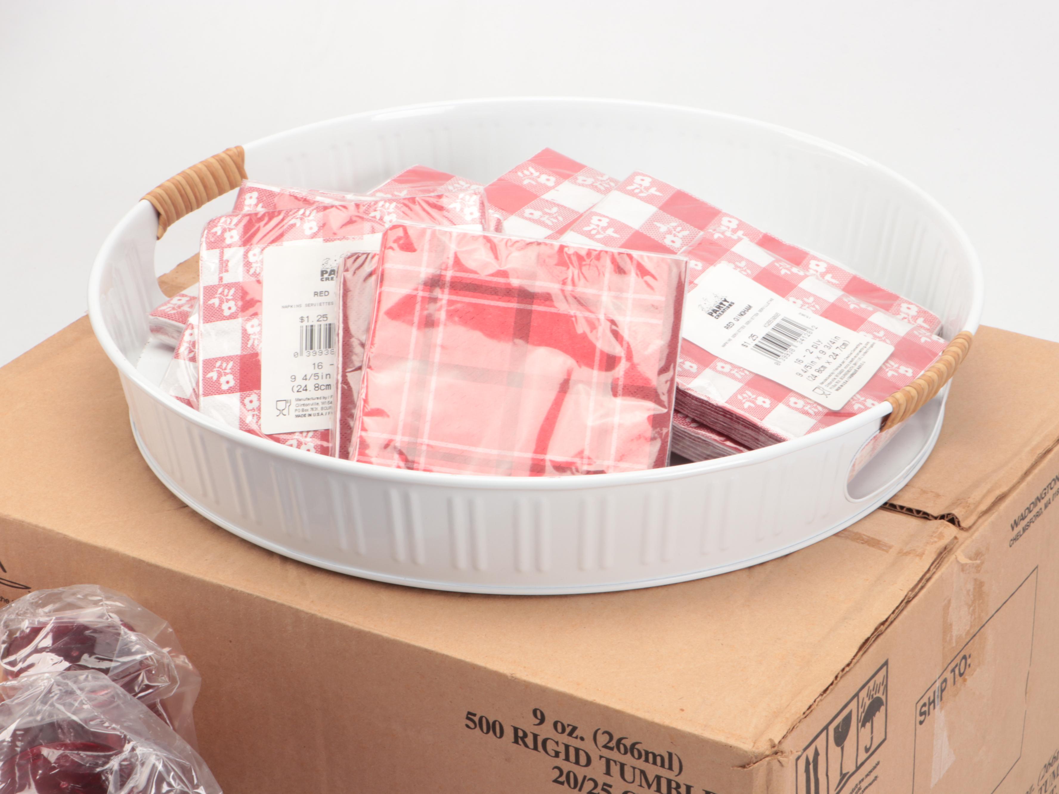 Red Plastic Tumblers with Paper Plates and Other Party Supplies