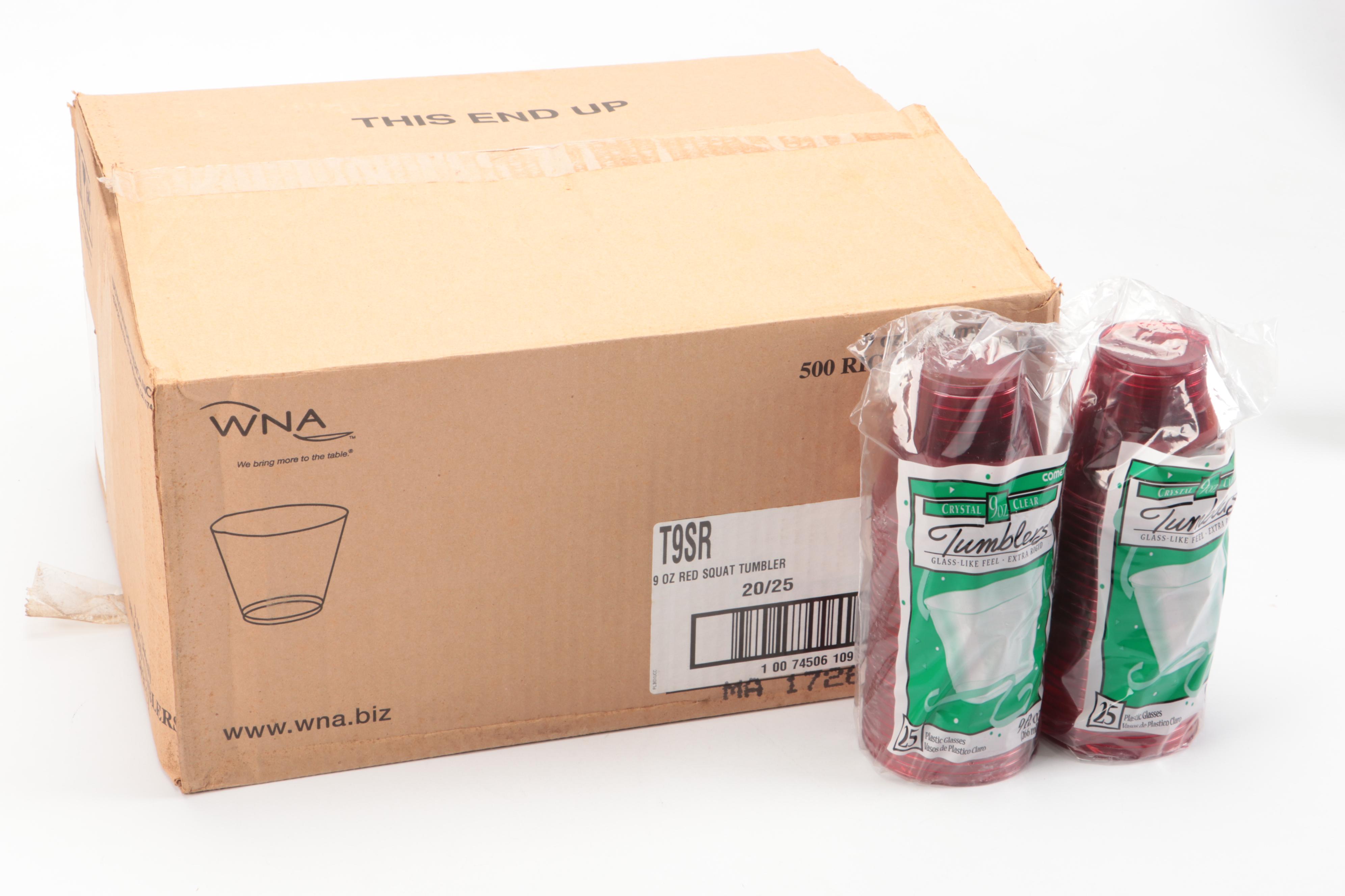 Red Plastic Tumblers with Paper Plates and Other Party Supplies