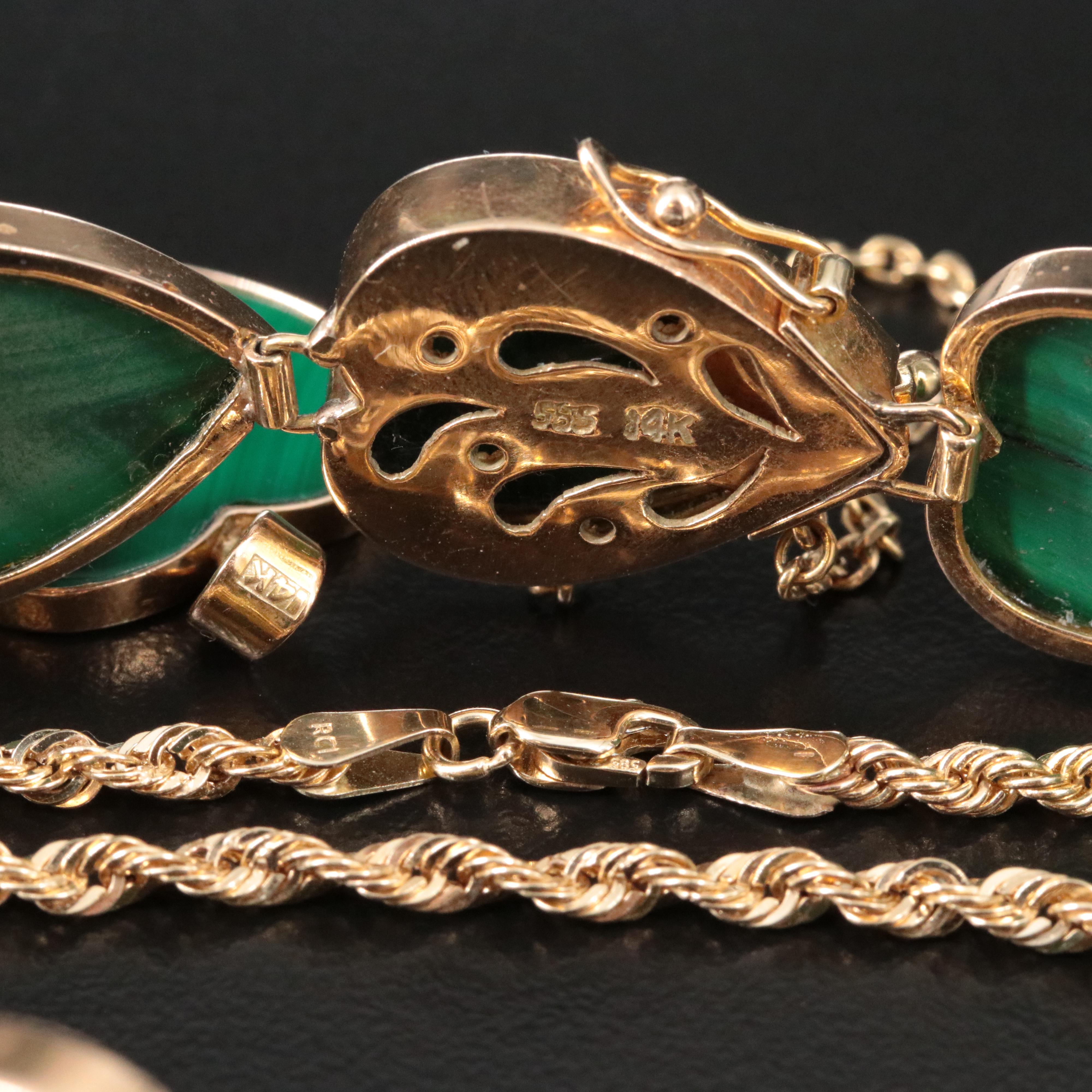 14K Malachite Heart Pendant and Charm Bracelet
