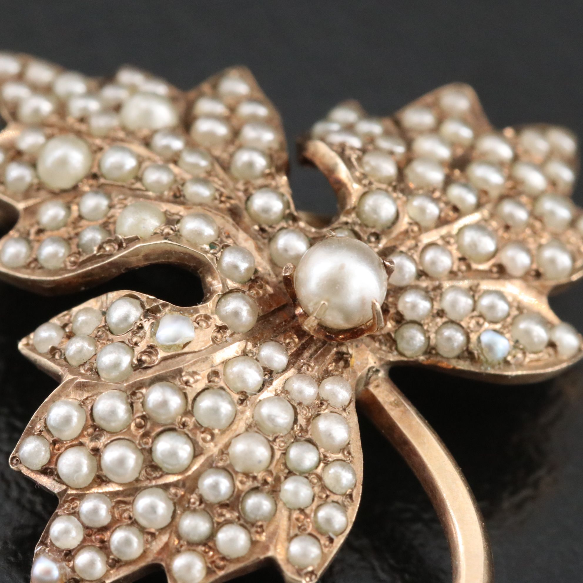 Antique 10K Seed Pearl Leaf Brooch