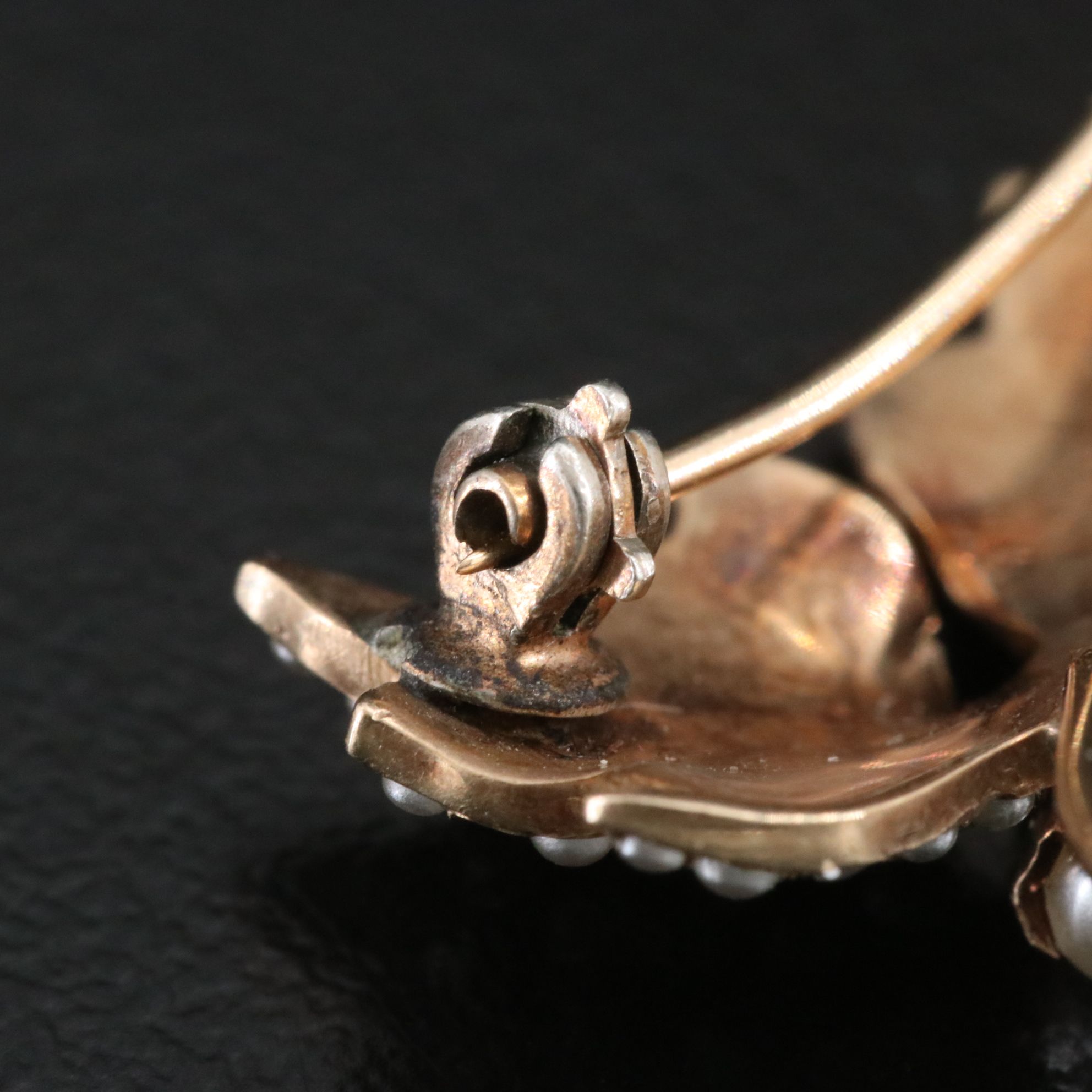 Antique 10K Seed Pearl Leaf Brooch