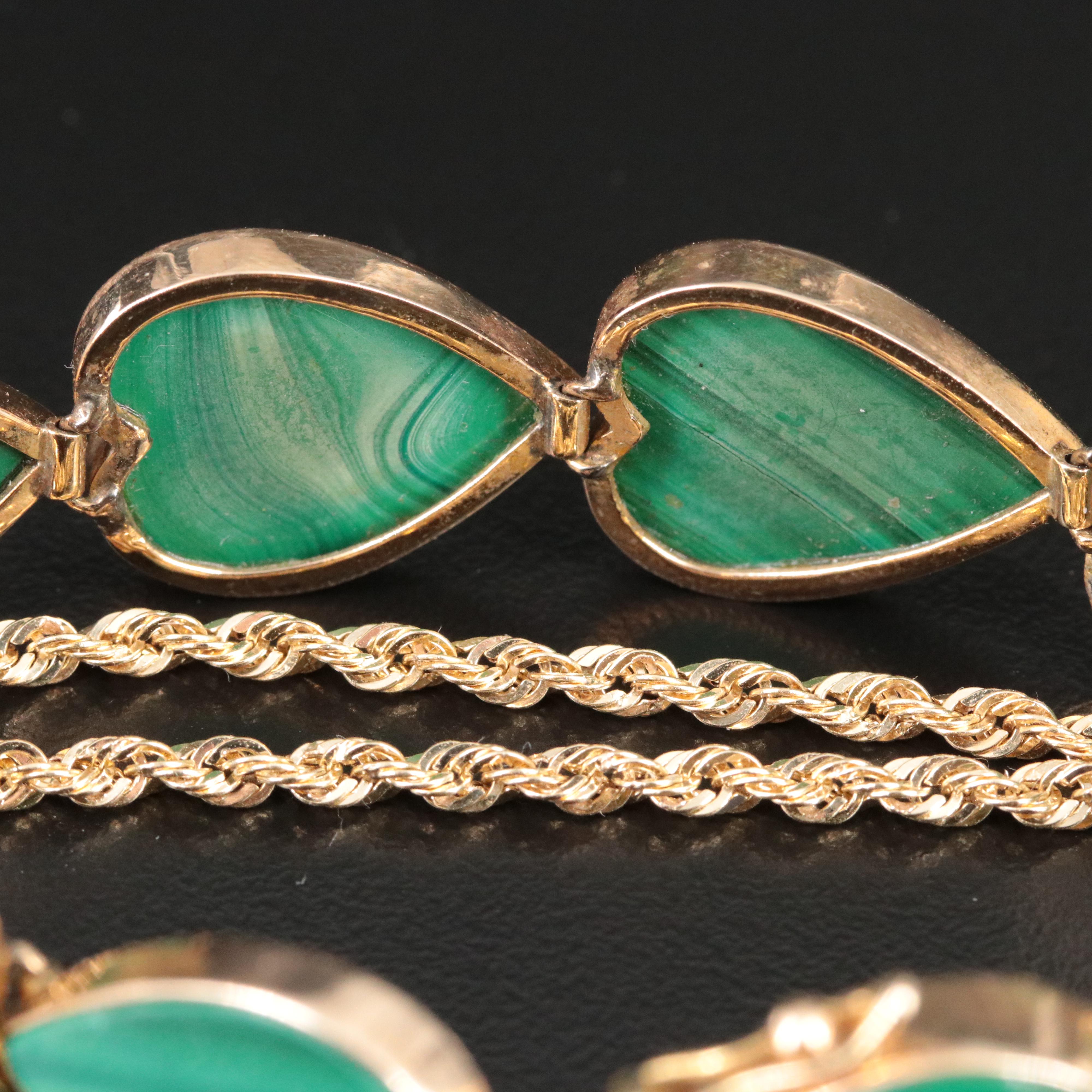 14K Malachite Heart Pendant and Charm Bracelet