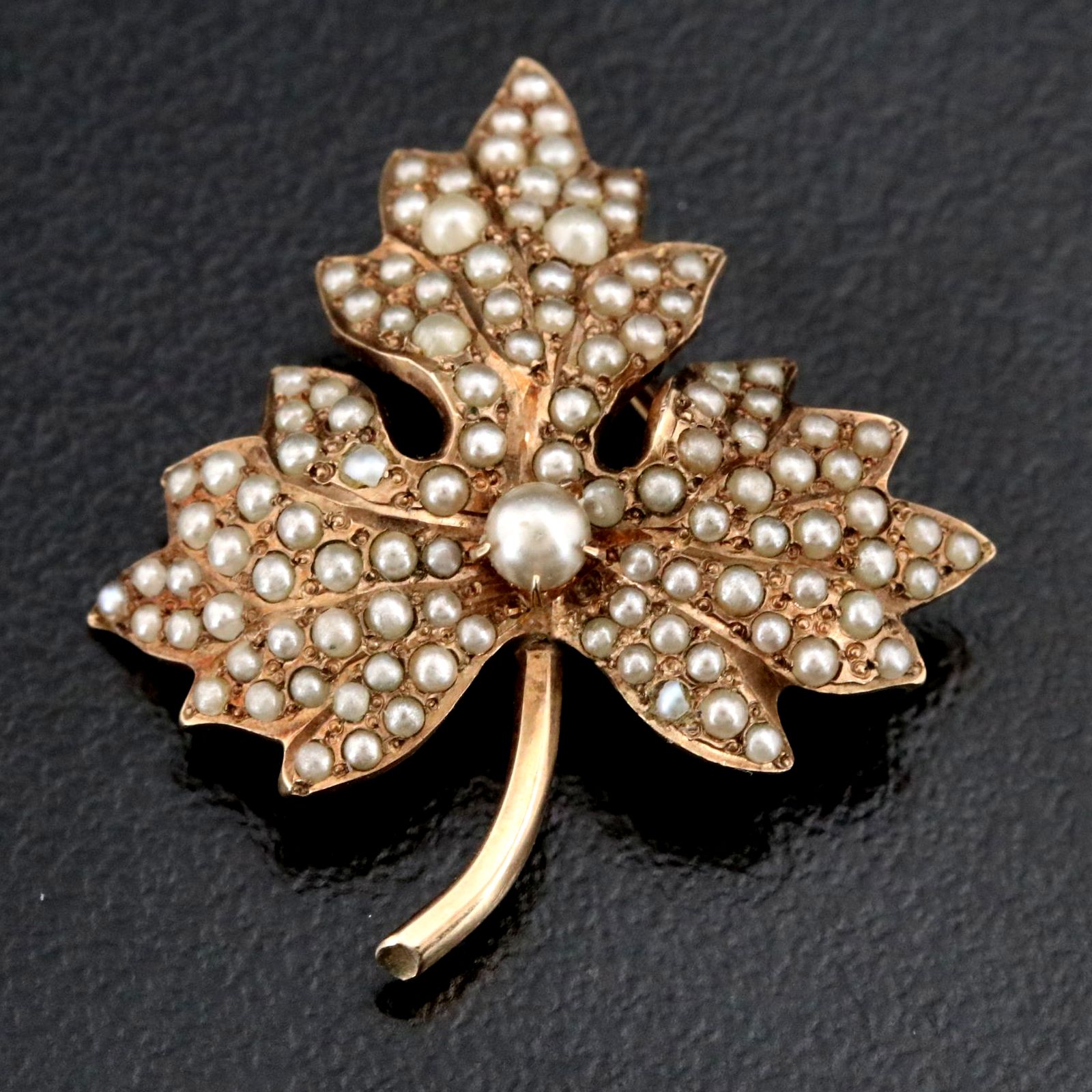 Antique 10K Seed Pearl Leaf Brooch