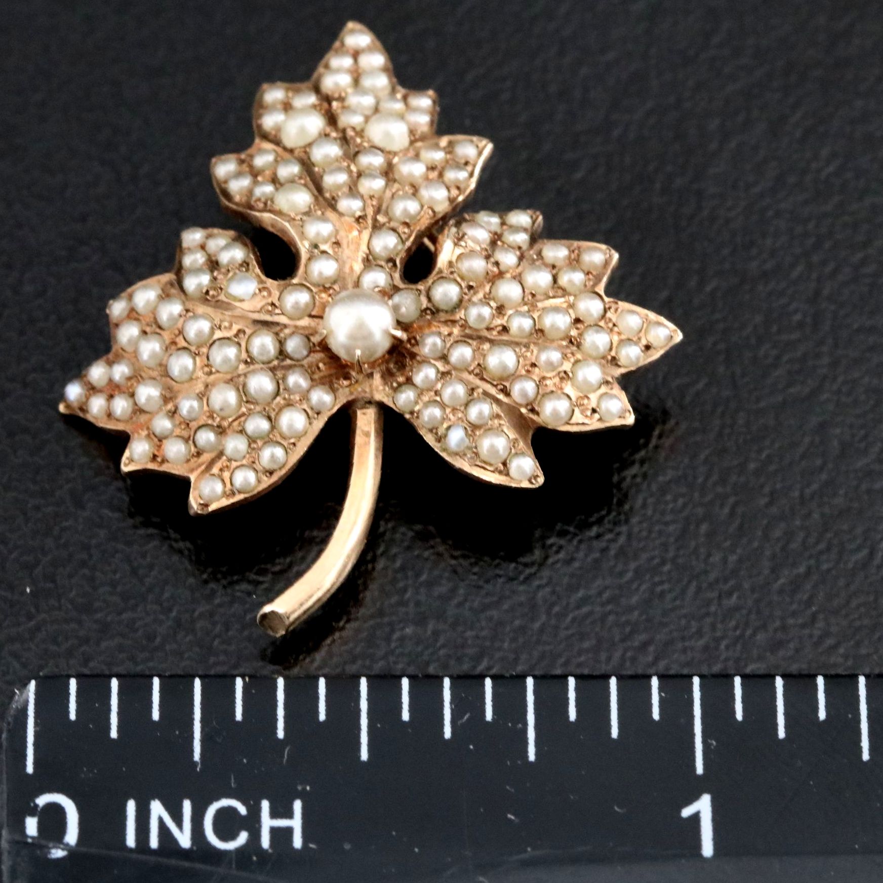 Antique 10K Seed Pearl Leaf Brooch