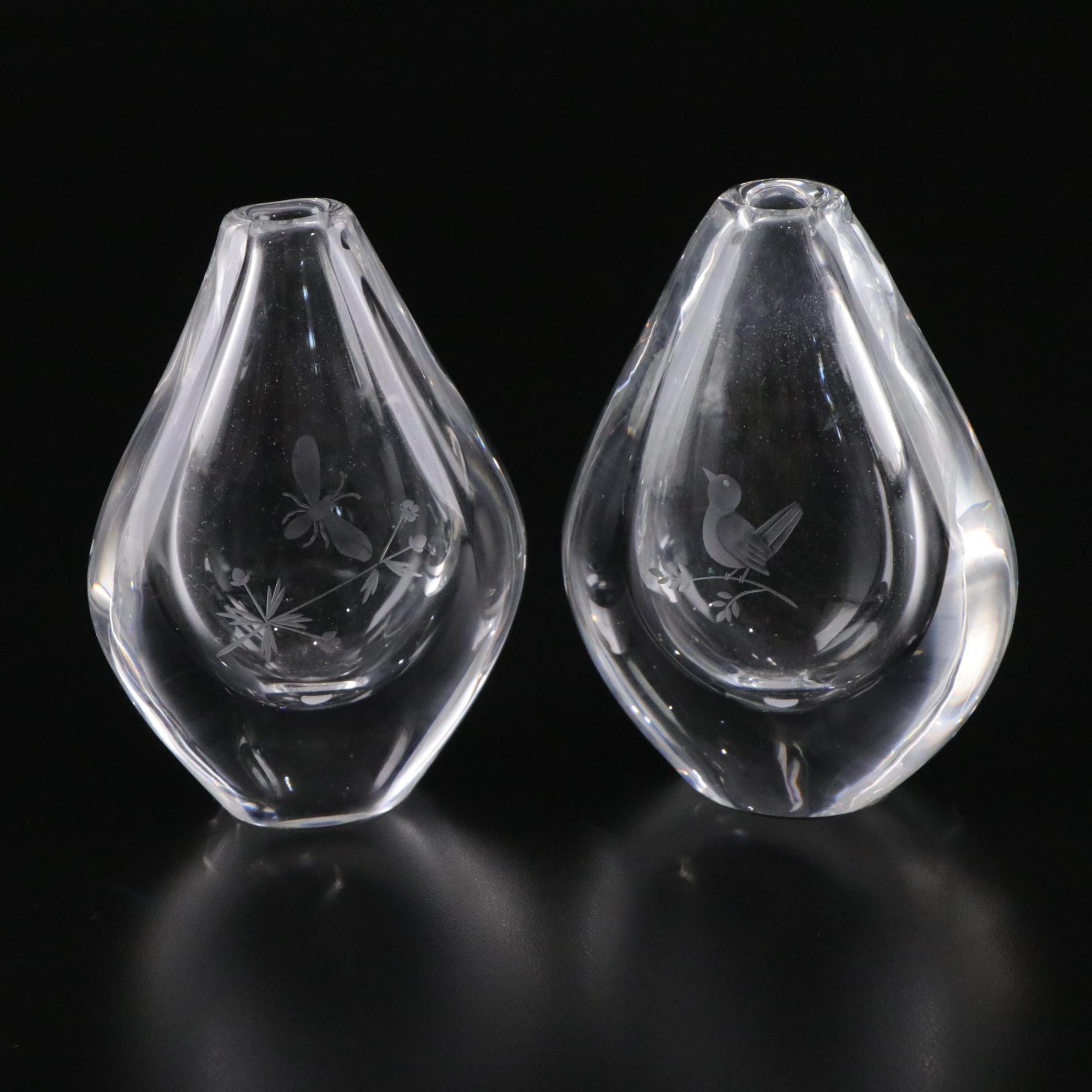 Orrefors "Sven Palmqvist" Etched Crystal Bud Vases