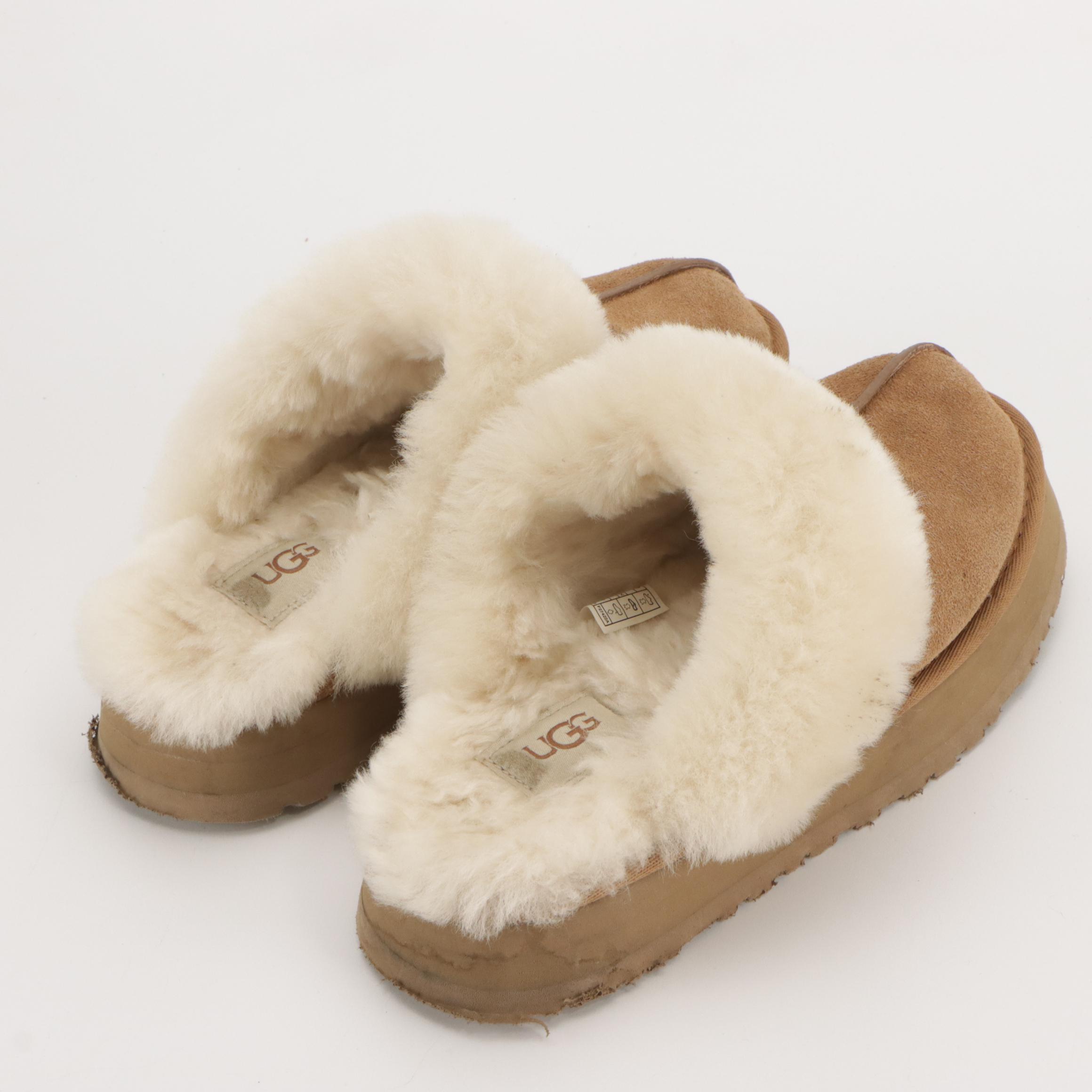 UGG Disquette Platform Slippers in Sheepskin Lined Chestnut Suede