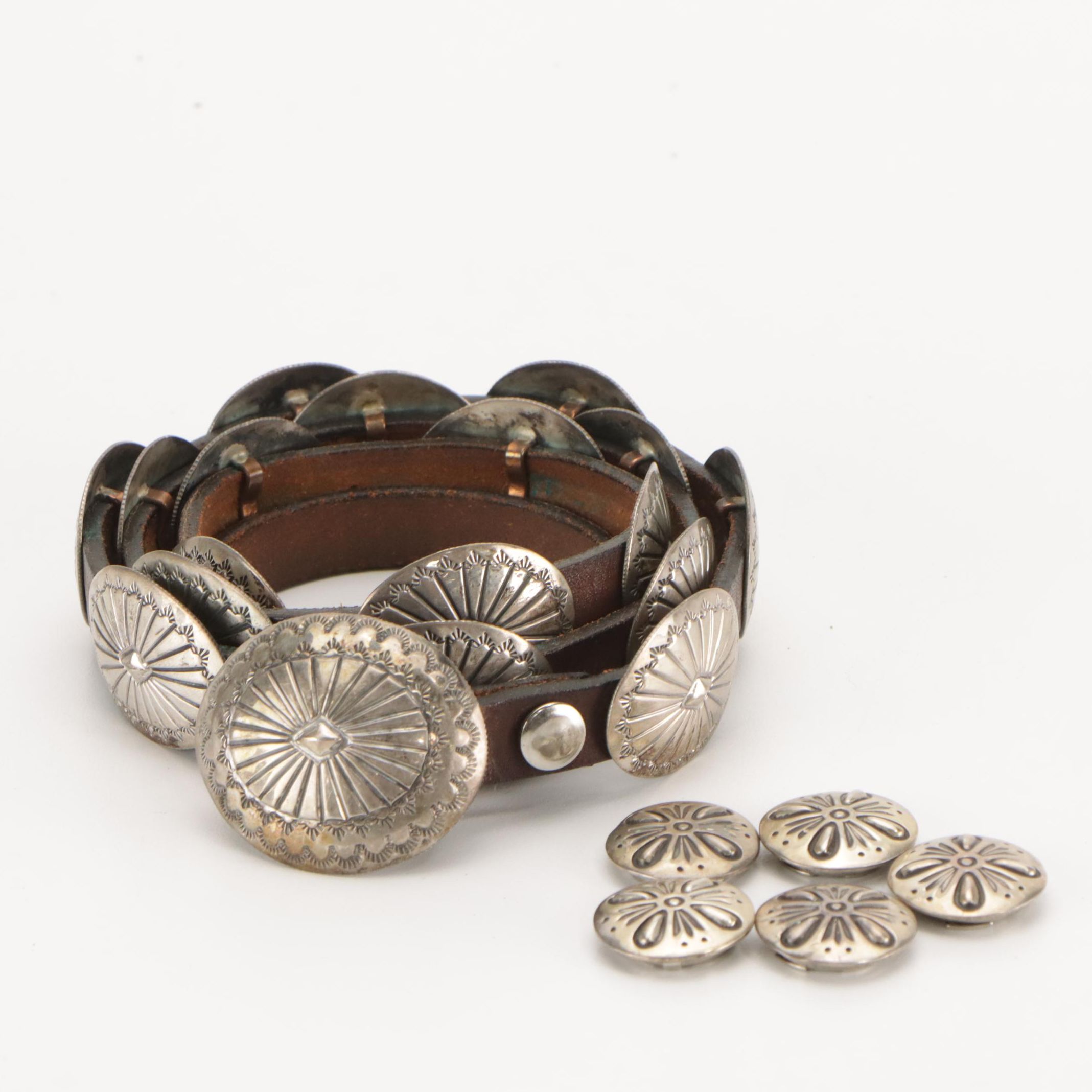Raymond Coriz Kewa Sterling Button Covers, Swan Silver Coin Silver Concho Belt