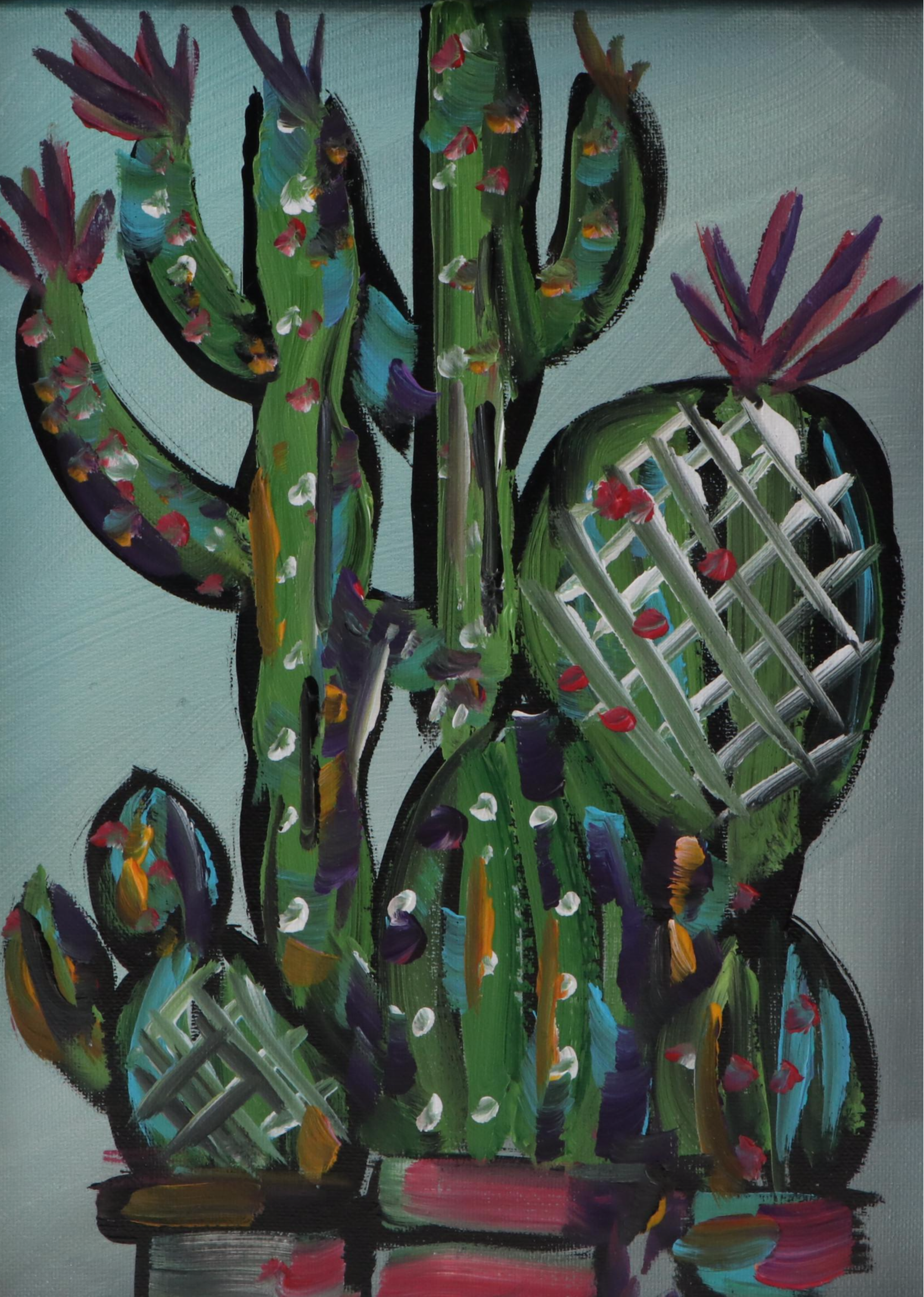 Corbellic Stylized Oil Painting of Potted Cacti, 2025