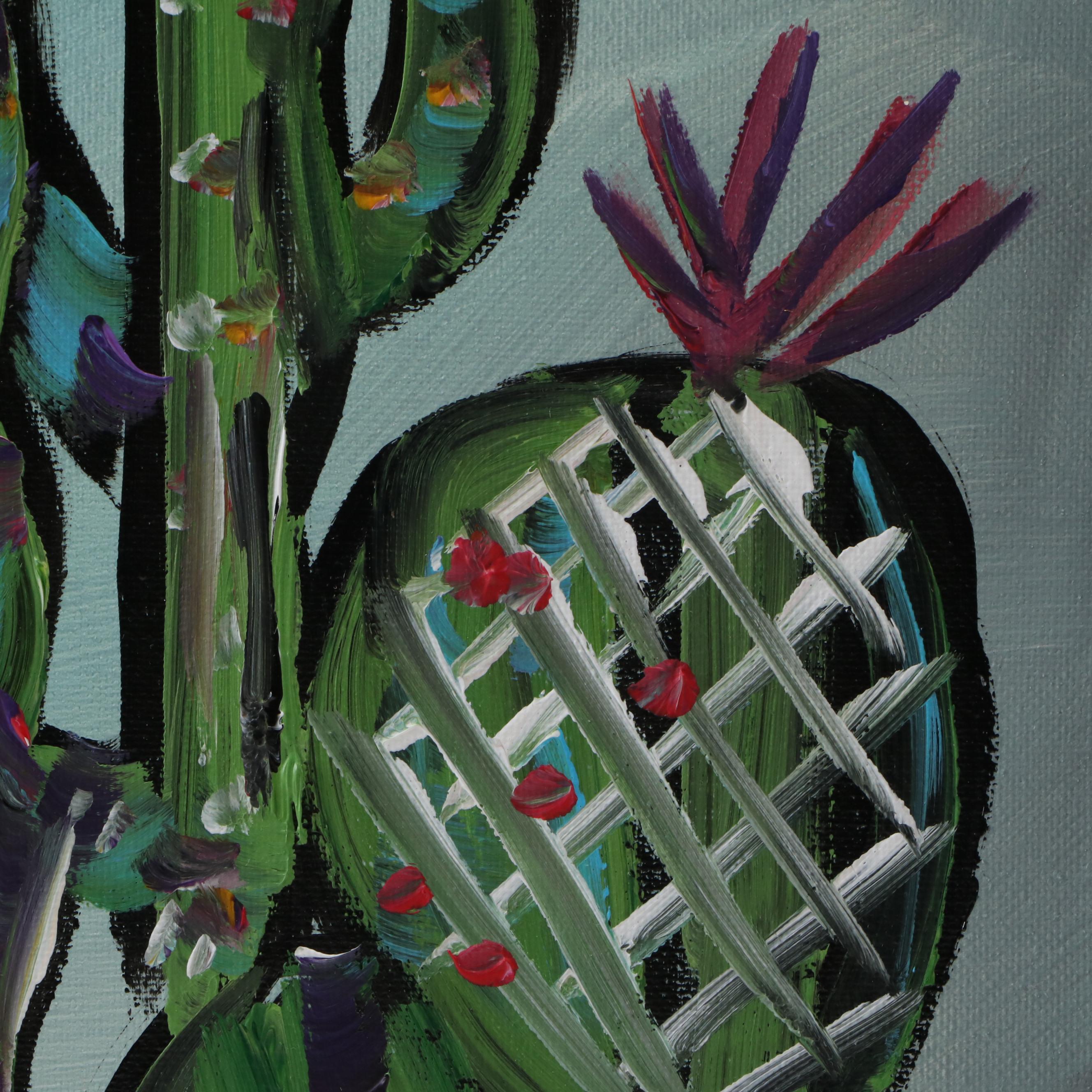 Corbellic Stylized Oil Painting of Potted Cacti, 2025