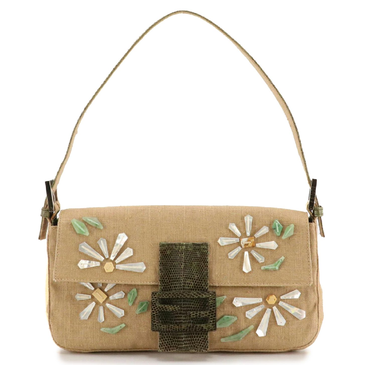 Fendi Floral Shell Embellished Brown Linen and Green Lizard Trimmed Baguette Bag