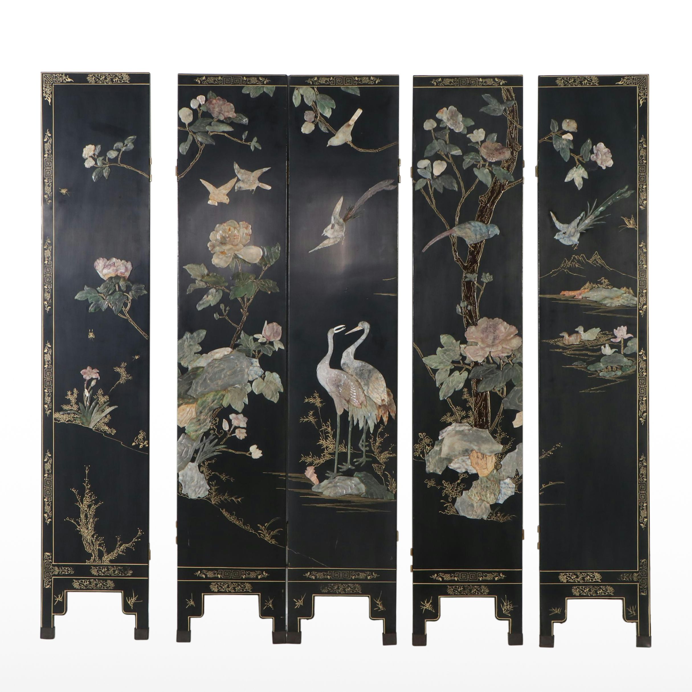Jinlong Chinese Black Lacquer and Stone Room Screen, Late 20th Century