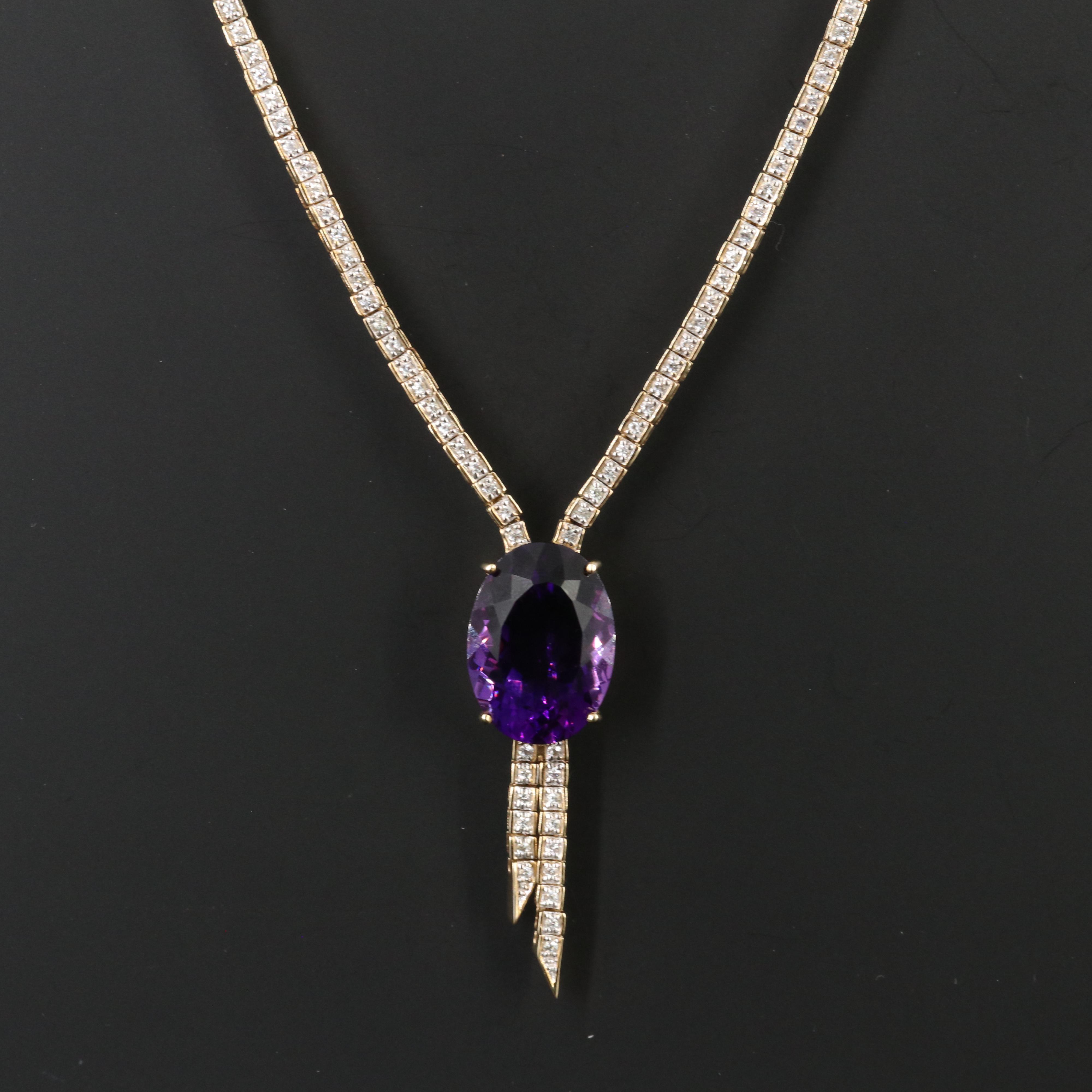 9K 22.43 CT Amethyst and White Zircon Lariat Necklace