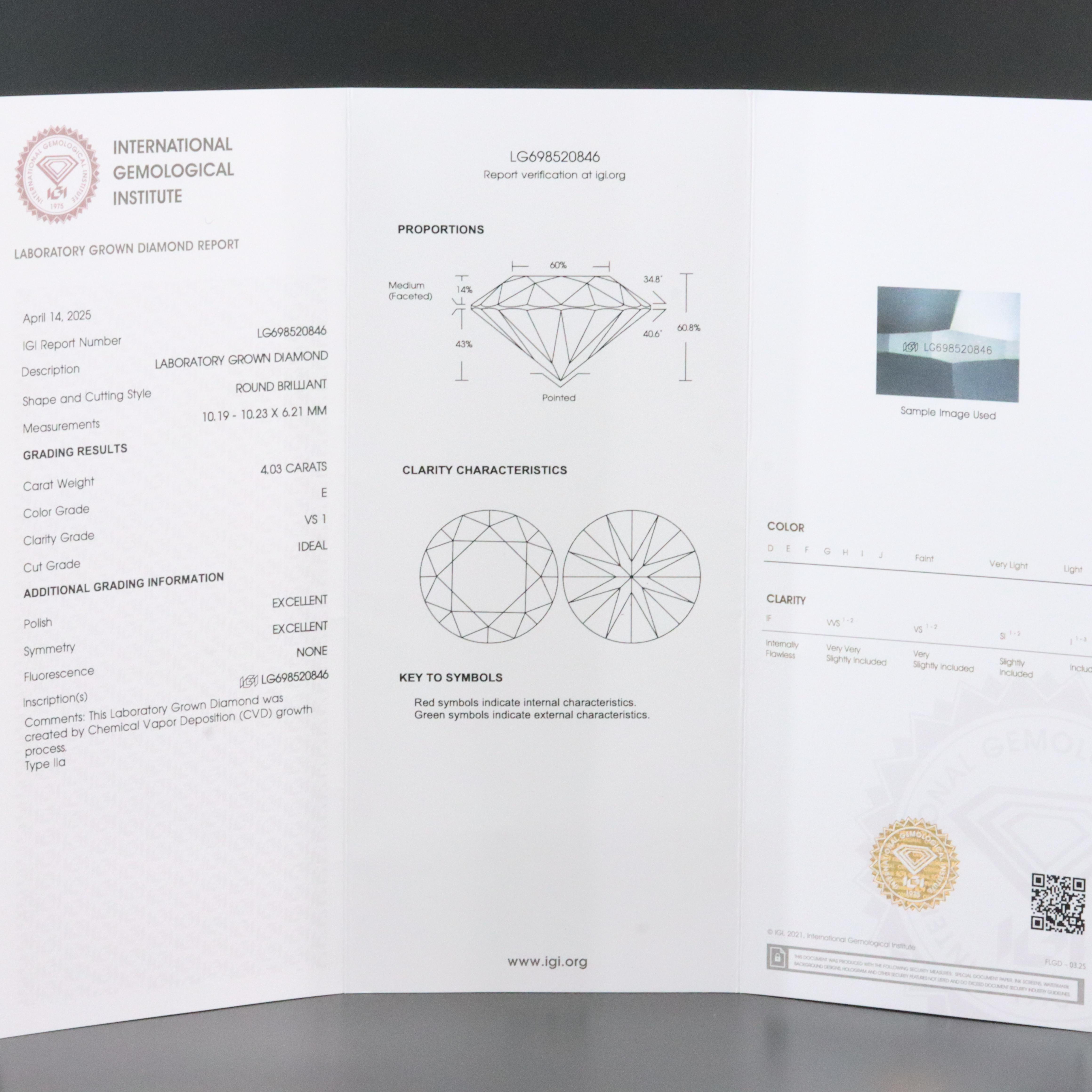 14K 4.03 CT Lab Grown Diamond Solitaire Ring with IGI Report