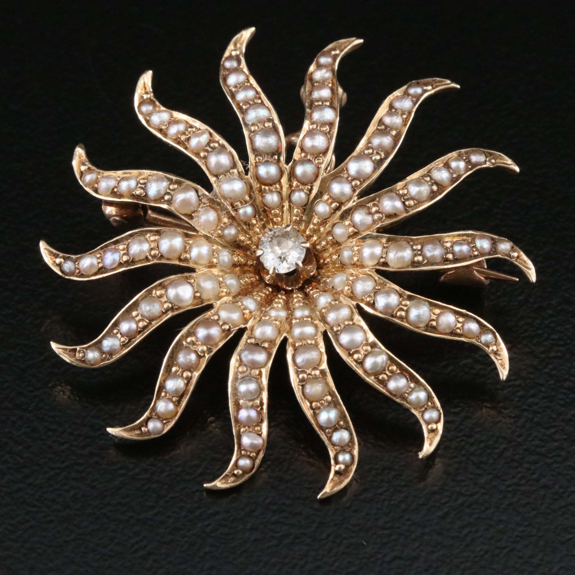 Victorian 14K Diamond and Seed Pearl Sunburst Brooch with a Converter