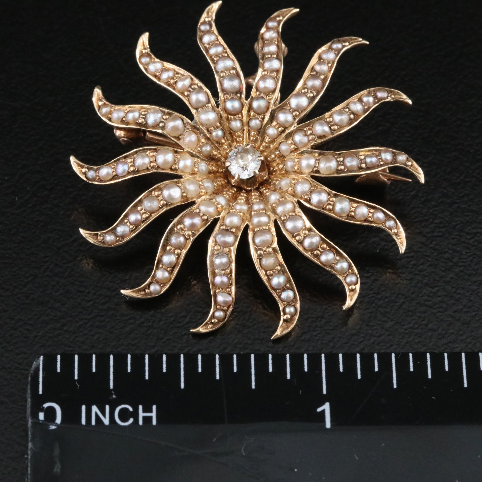 Victorian 14K Diamond and Seed Pearl Sunburst Brooch with a Converter