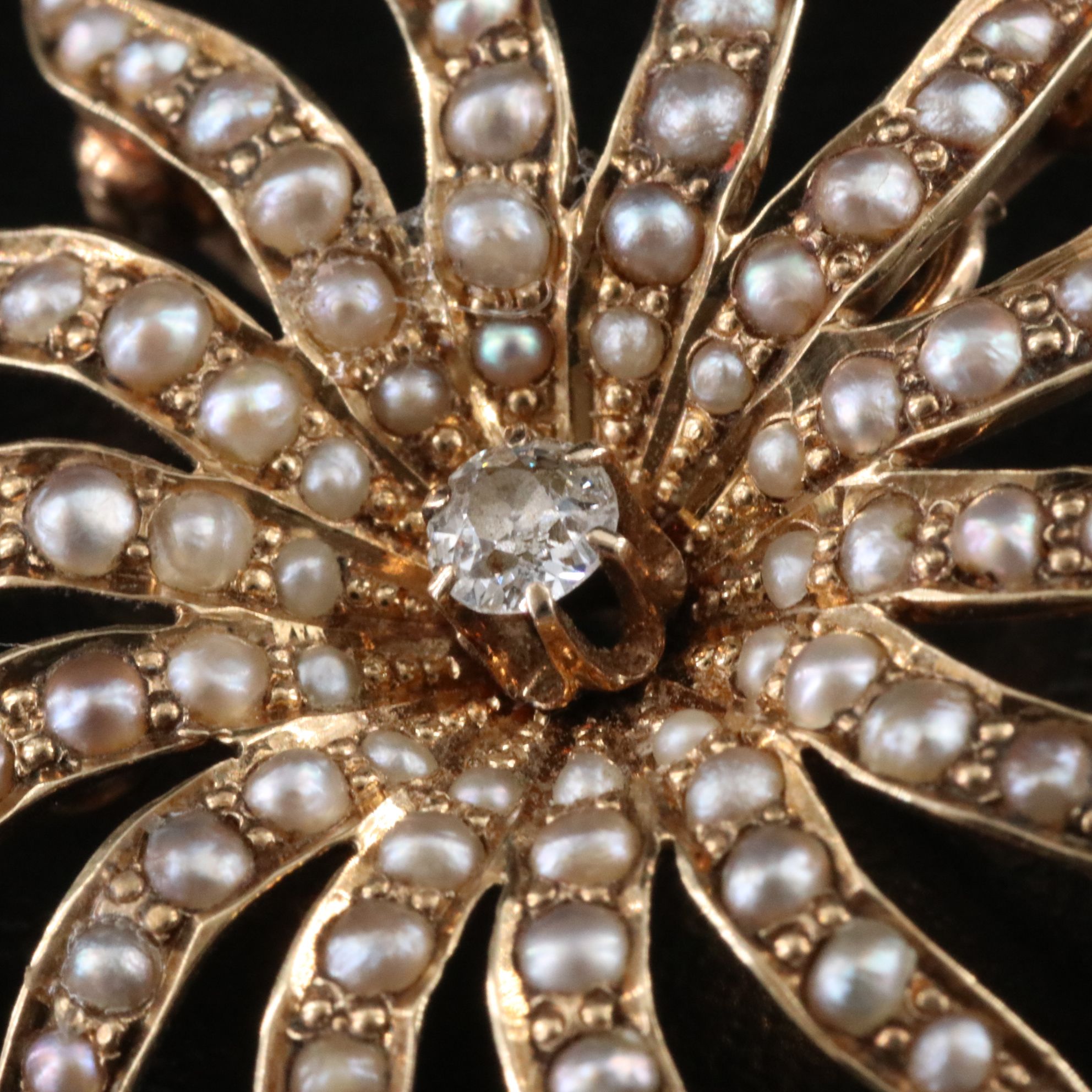 Victorian 14K Diamond and Seed Pearl Sunburst Brooch with a Converter