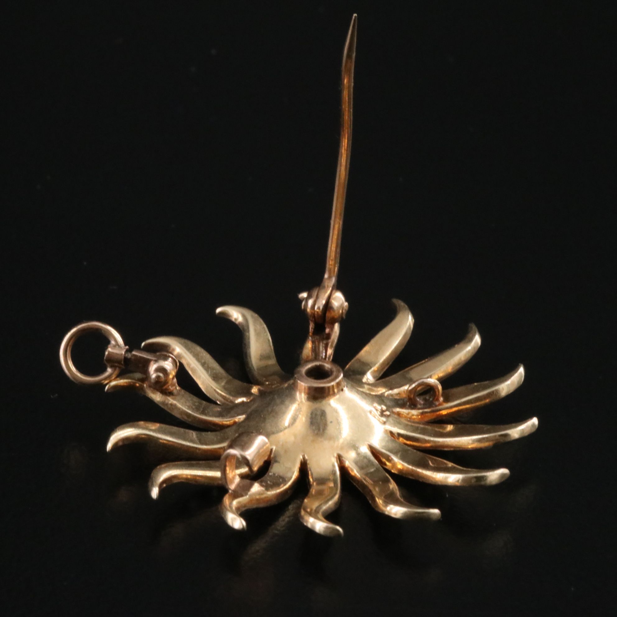 Victorian 14K Diamond and Seed Pearl Sunburst Brooch with a Converter