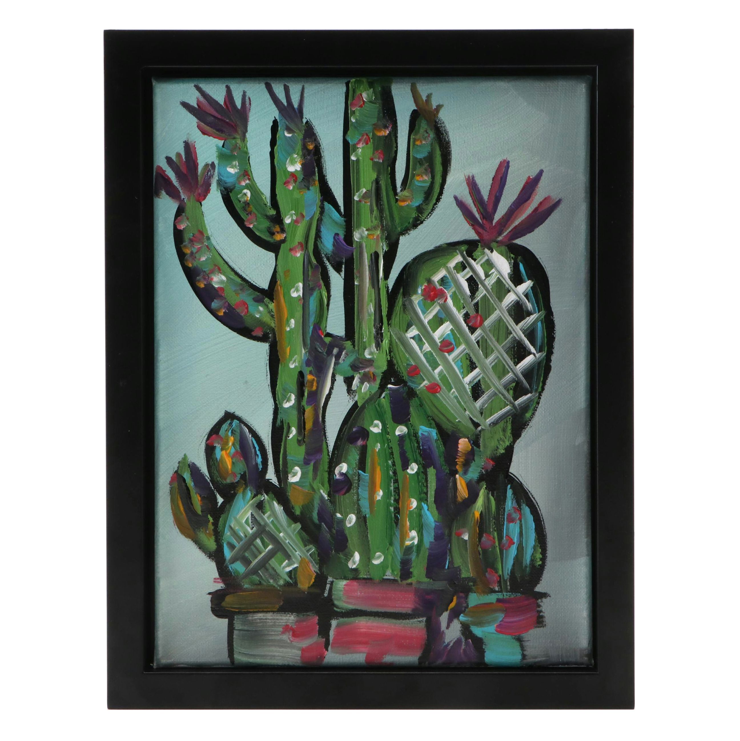 Corbellic Stylized Oil Painting of Potted Cacti, 2025