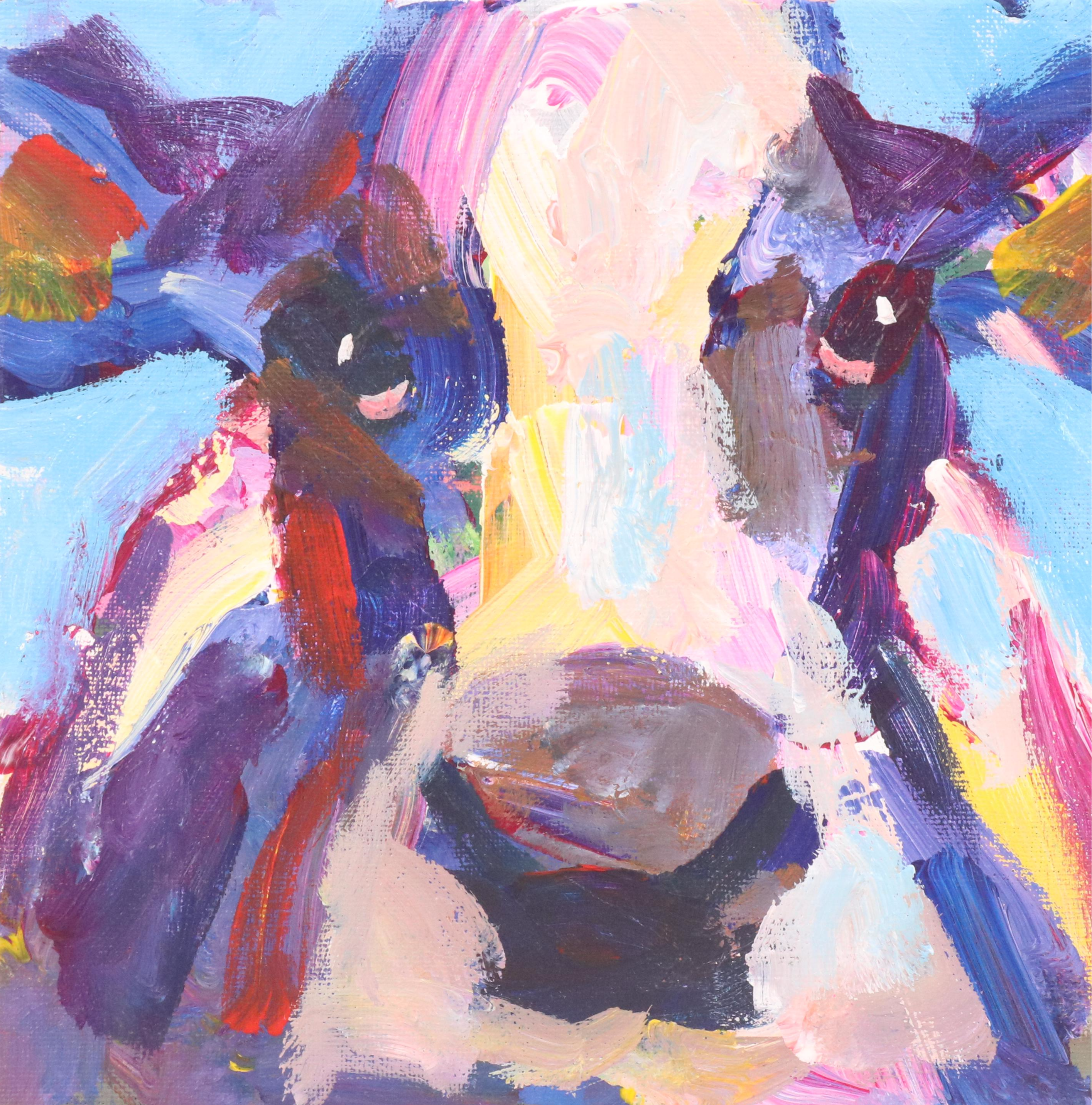 Elle Raines Stylized Acrylic Painting "Cow," 21st Century