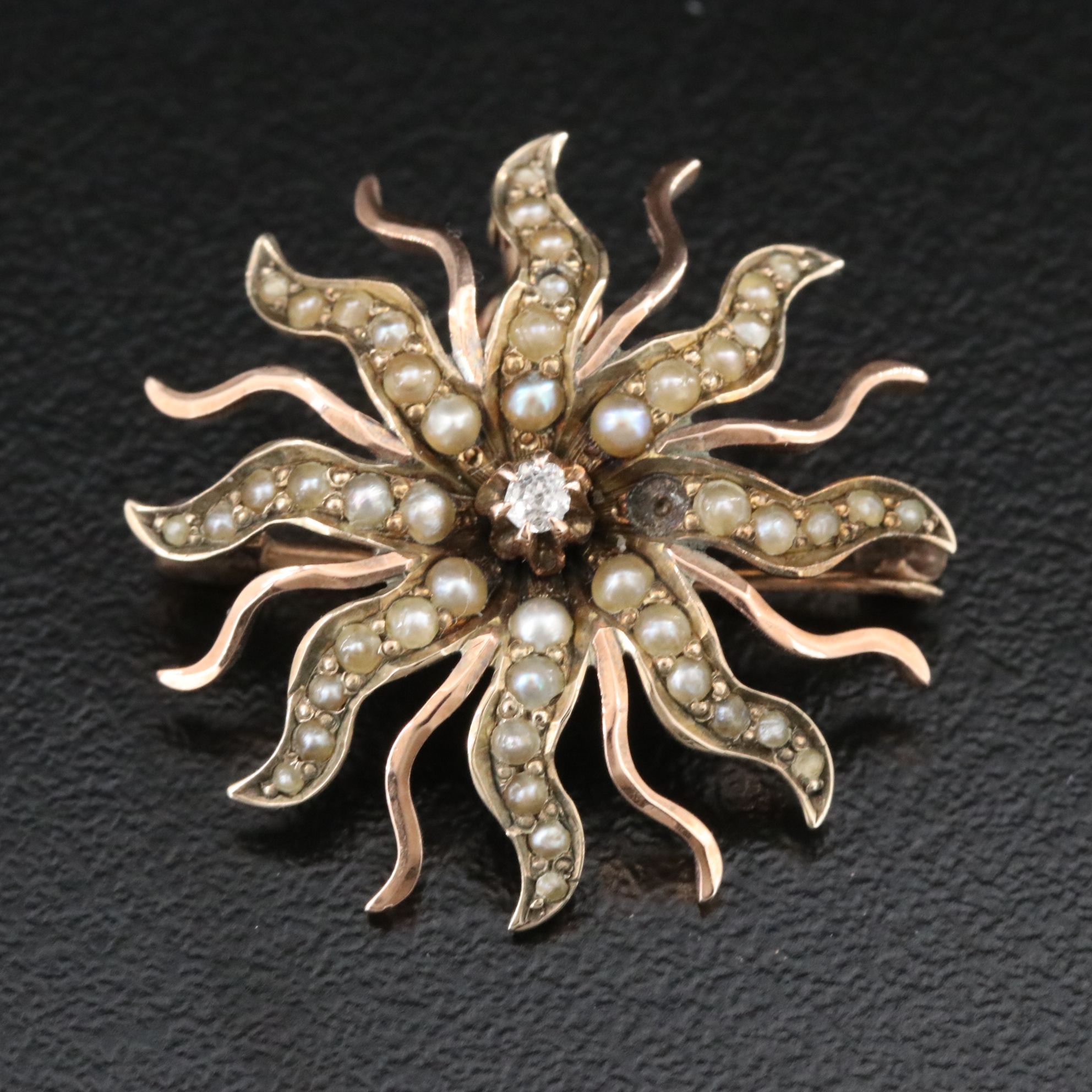 Victorian 10K Diamond and Seed Pearl Sunburst Brooch