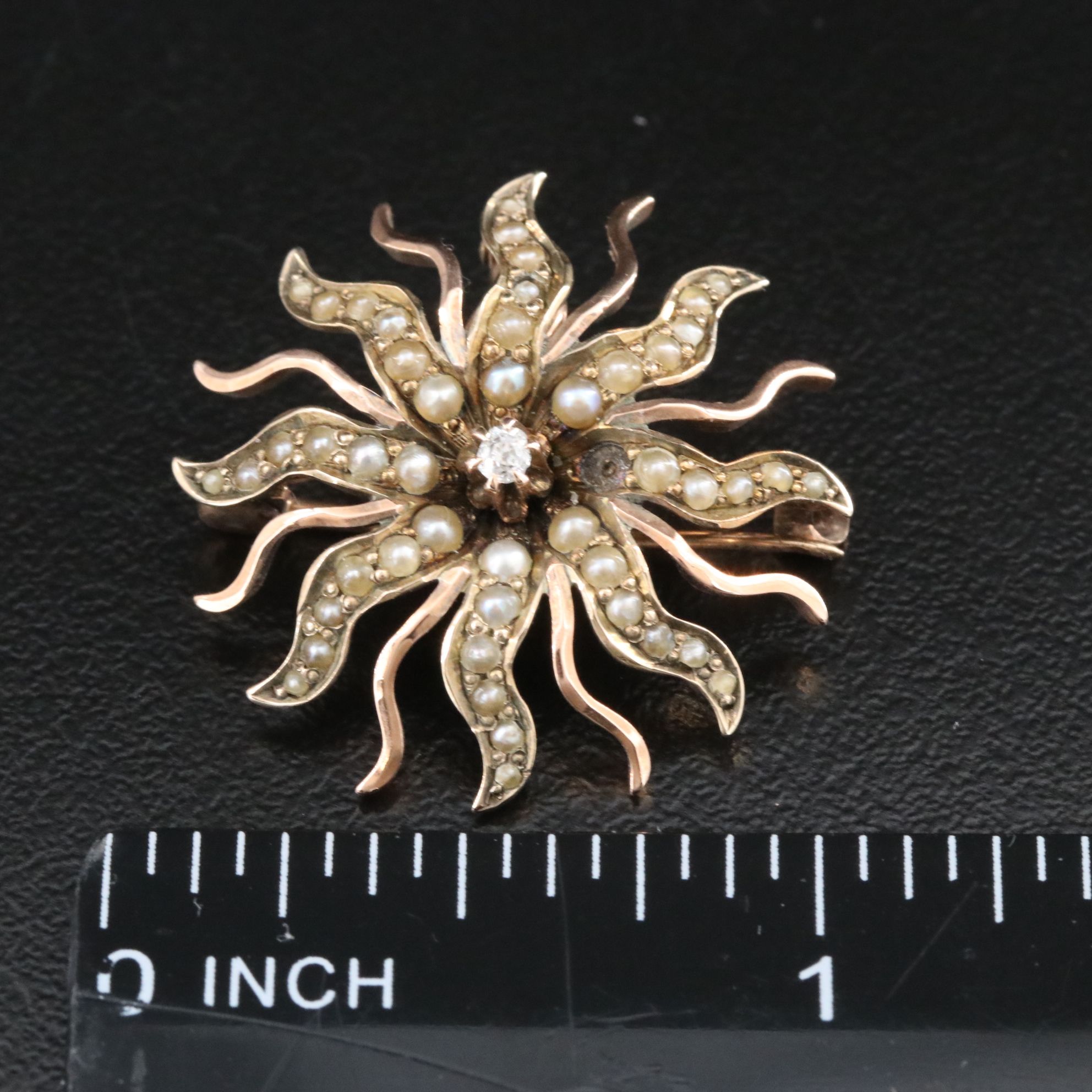 Victorian 10K Diamond and Seed Pearl Sunburst Brooch