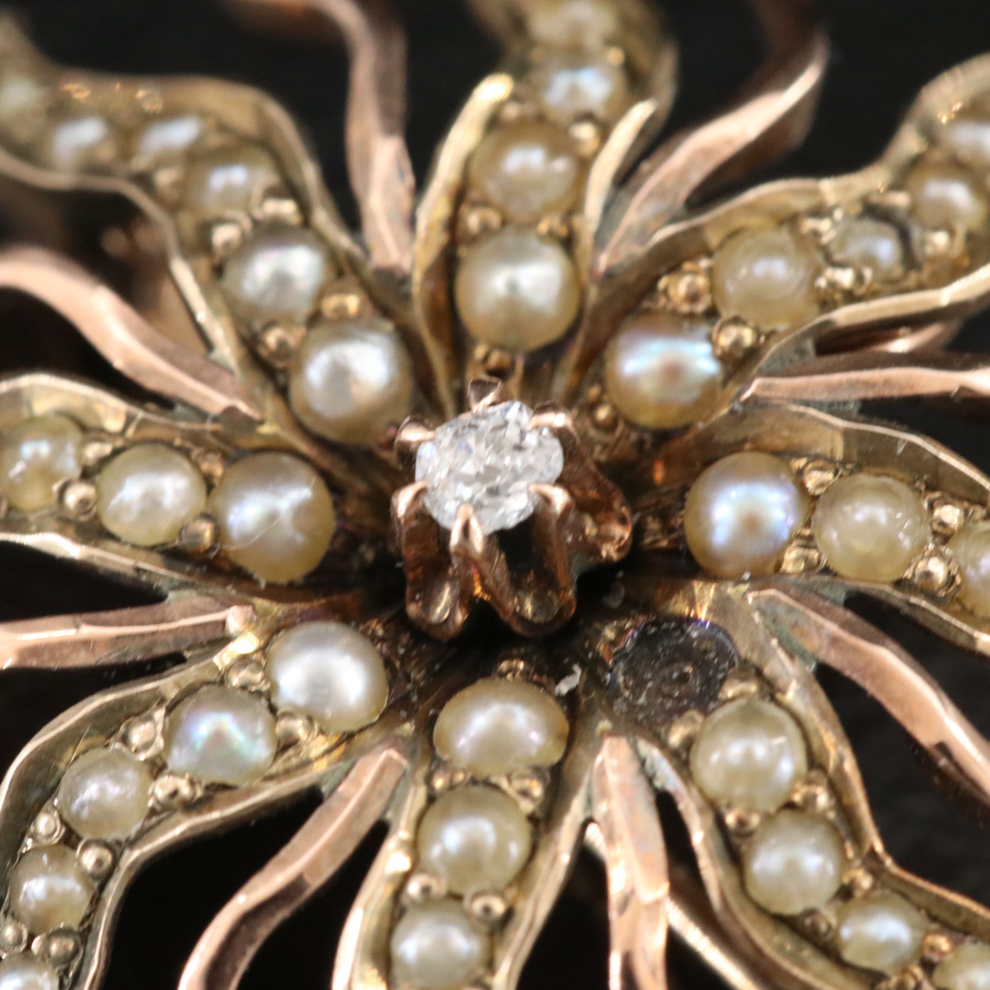 Victorian 10K Diamond and Seed Pearl Sunburst Brooch