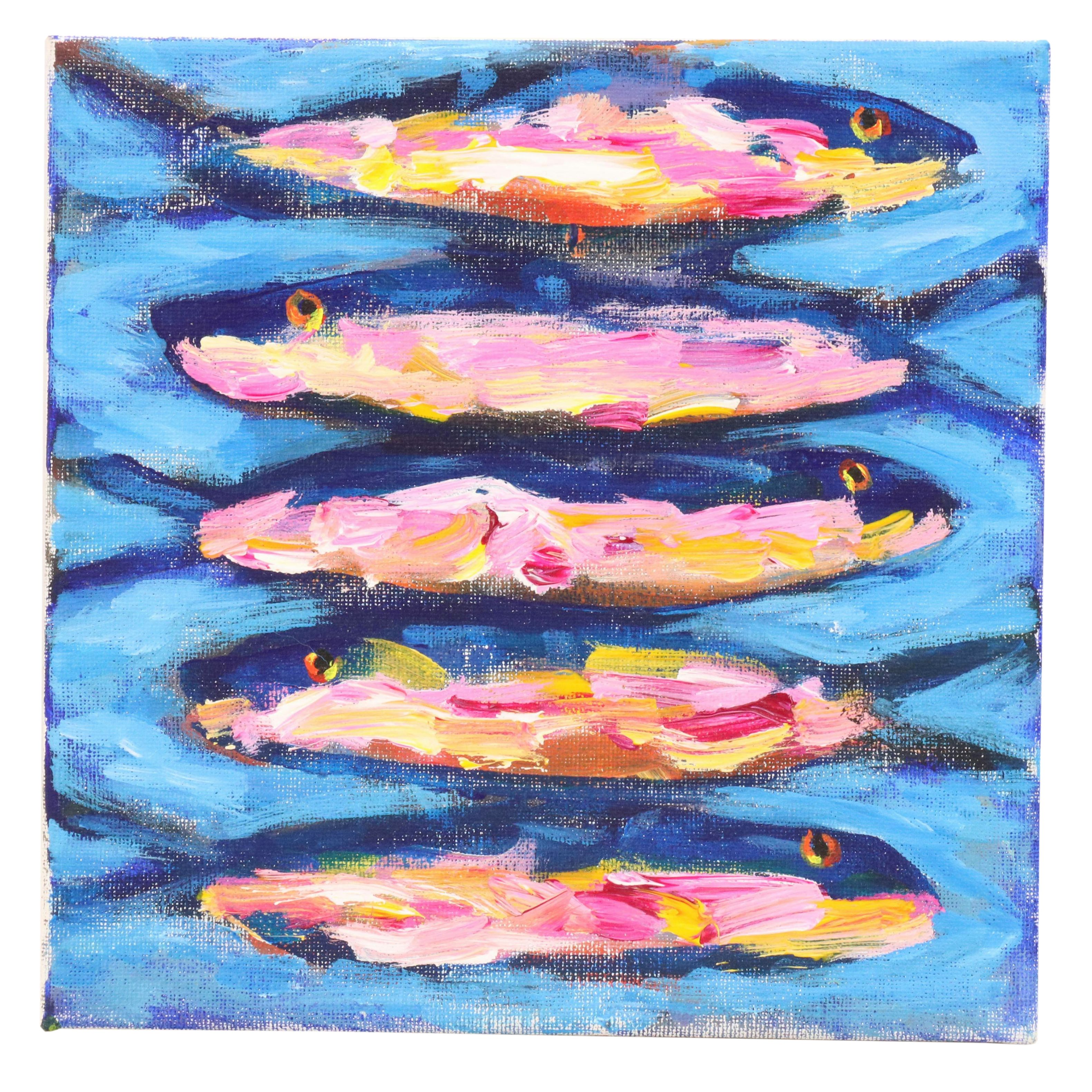 Elle Raines Stylized Acrylic Painting "Sardines," 21st Century