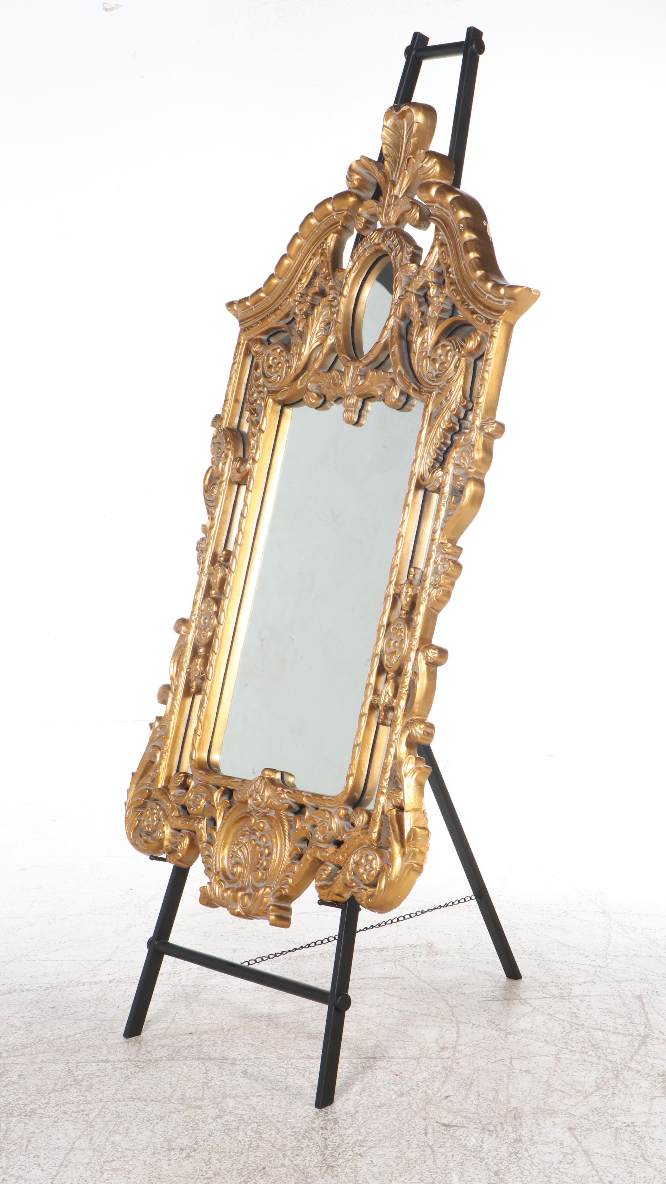 Baroque Style Gilt Full-Length Wall Mirror with Metal Easel